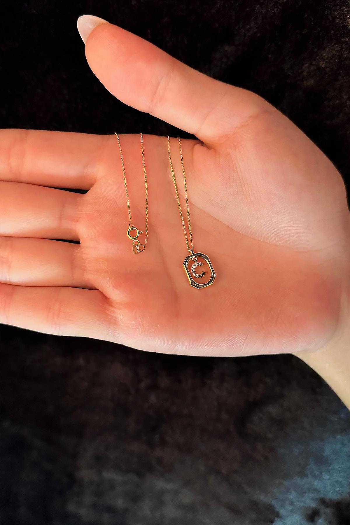 14K Gold Stone C Initial Necklace