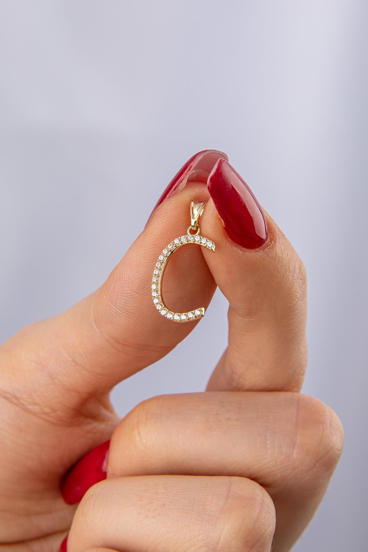 14K Gold Stone C Letter Charm