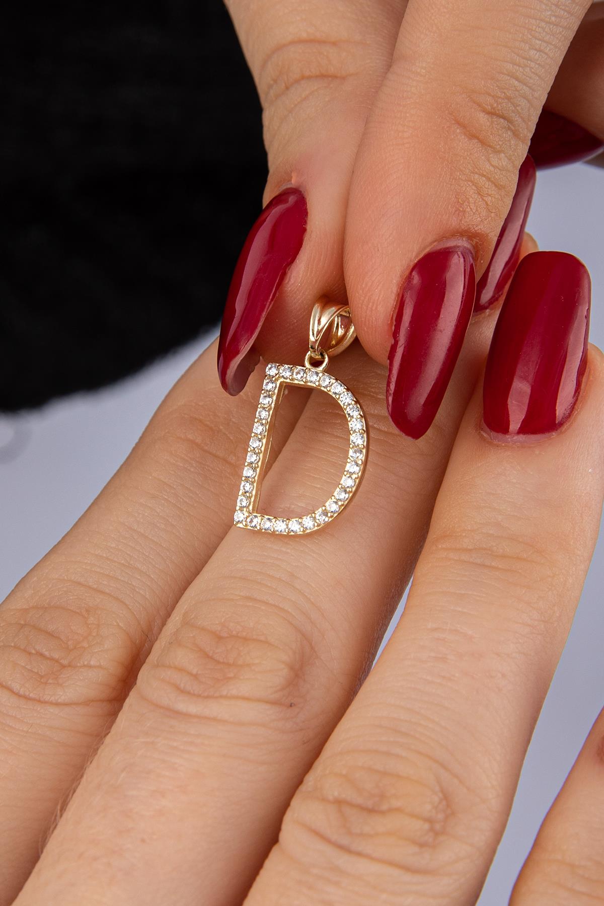 14K Gold Stone D Letter Charm