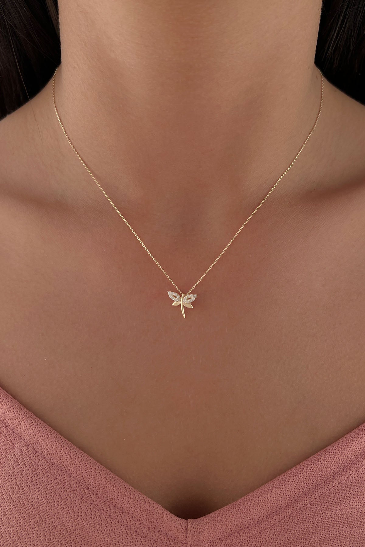 14K Gold Stone Dragonfly Necklace