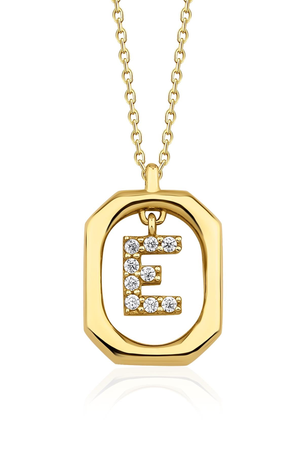 14K Gold Stone E Initial Necklace