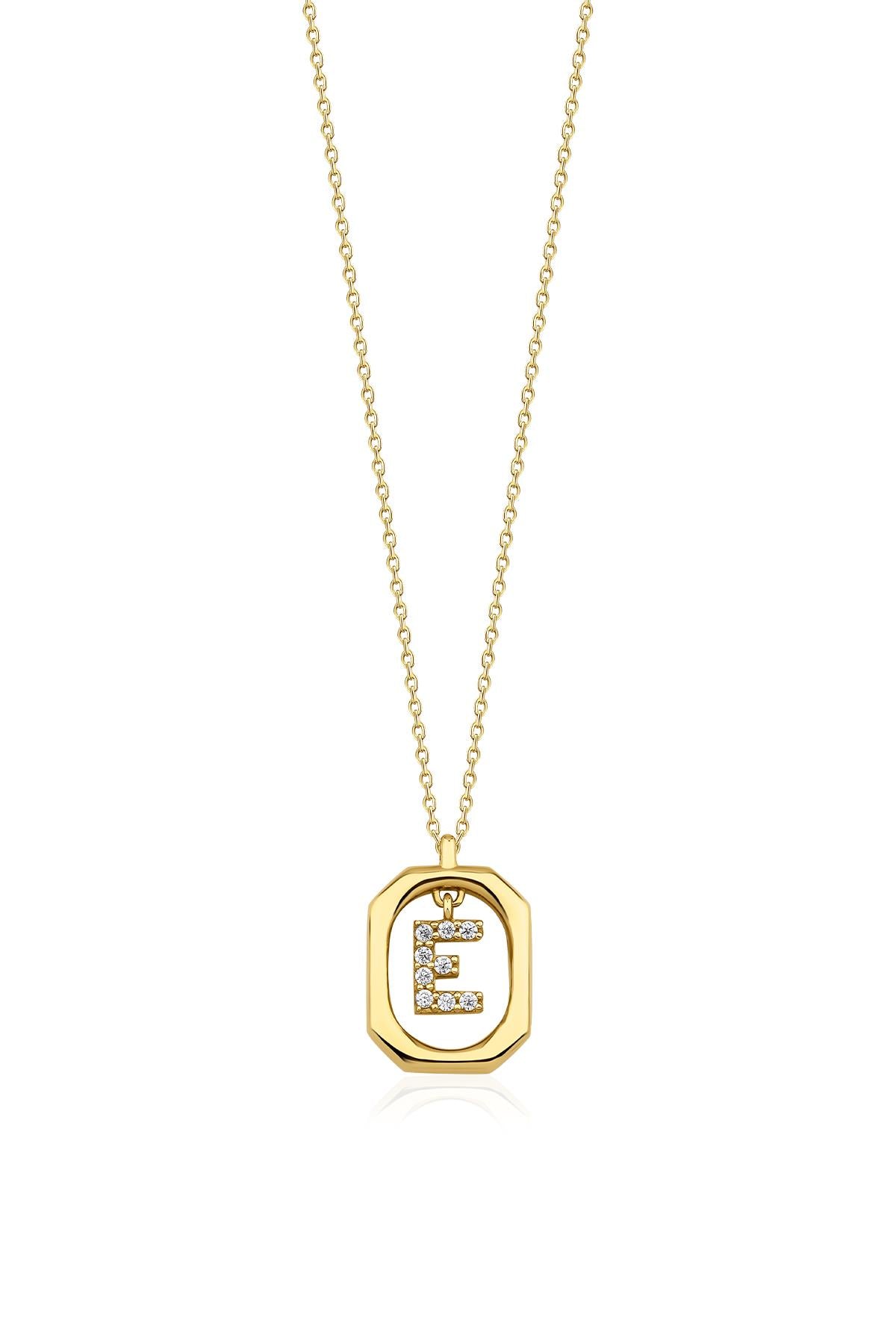 14K Gold Stone E Initial Necklace