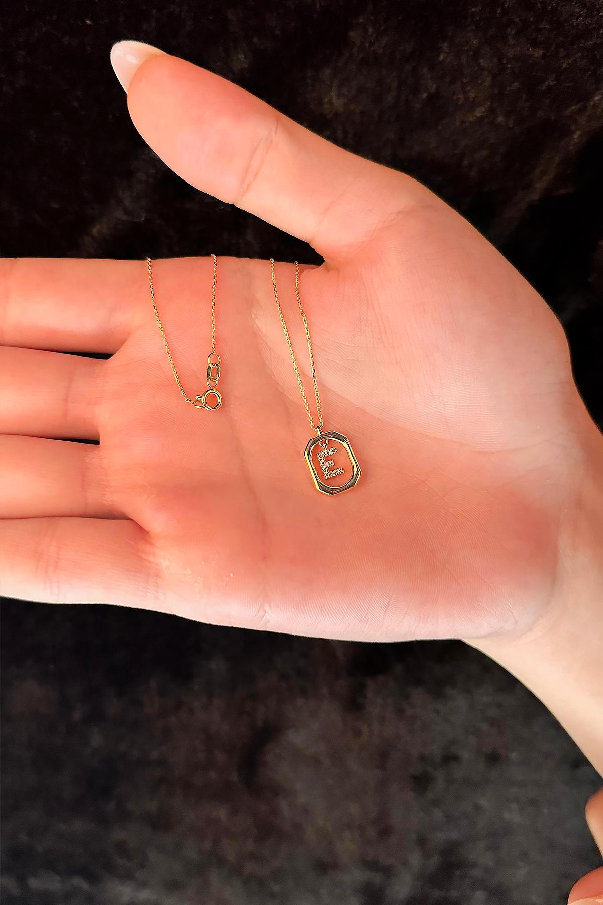 14K Gold Stone E Initial Necklace