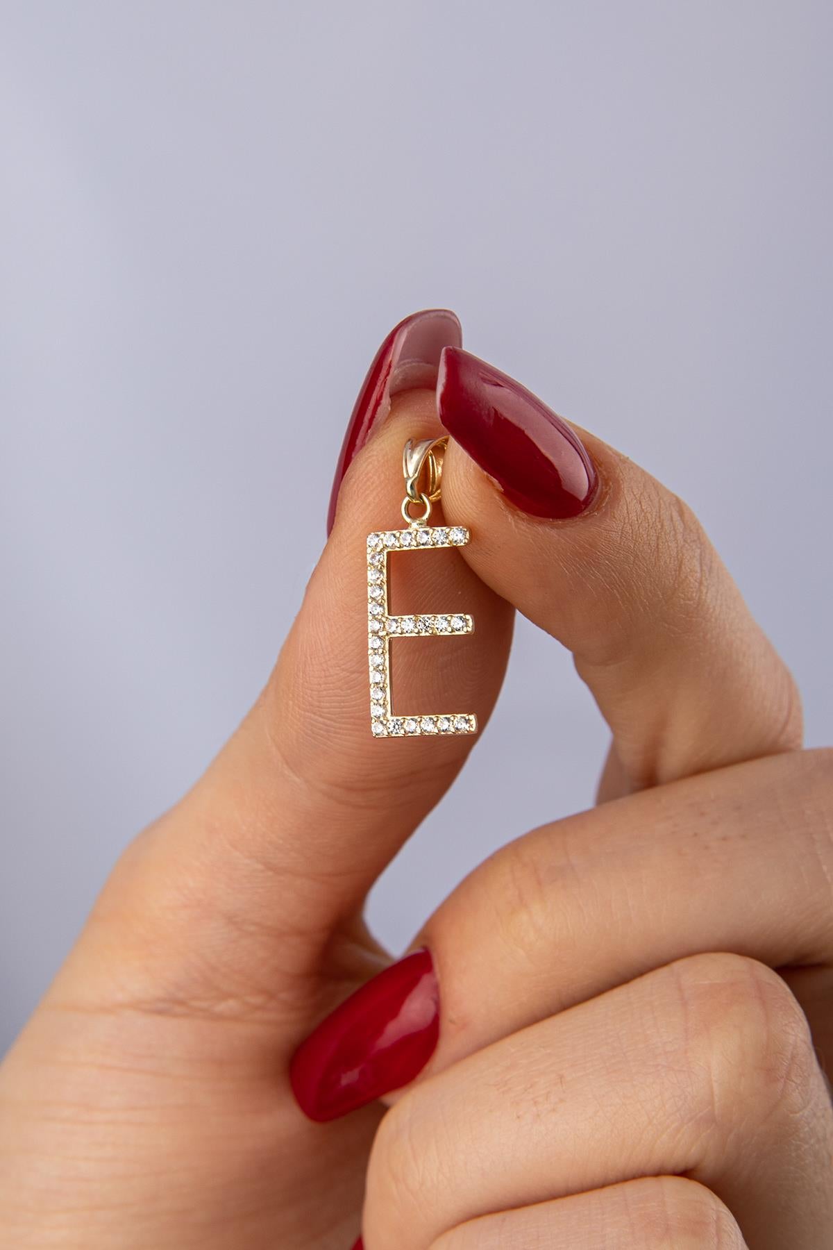 14K Gold Stone E Letter Charm