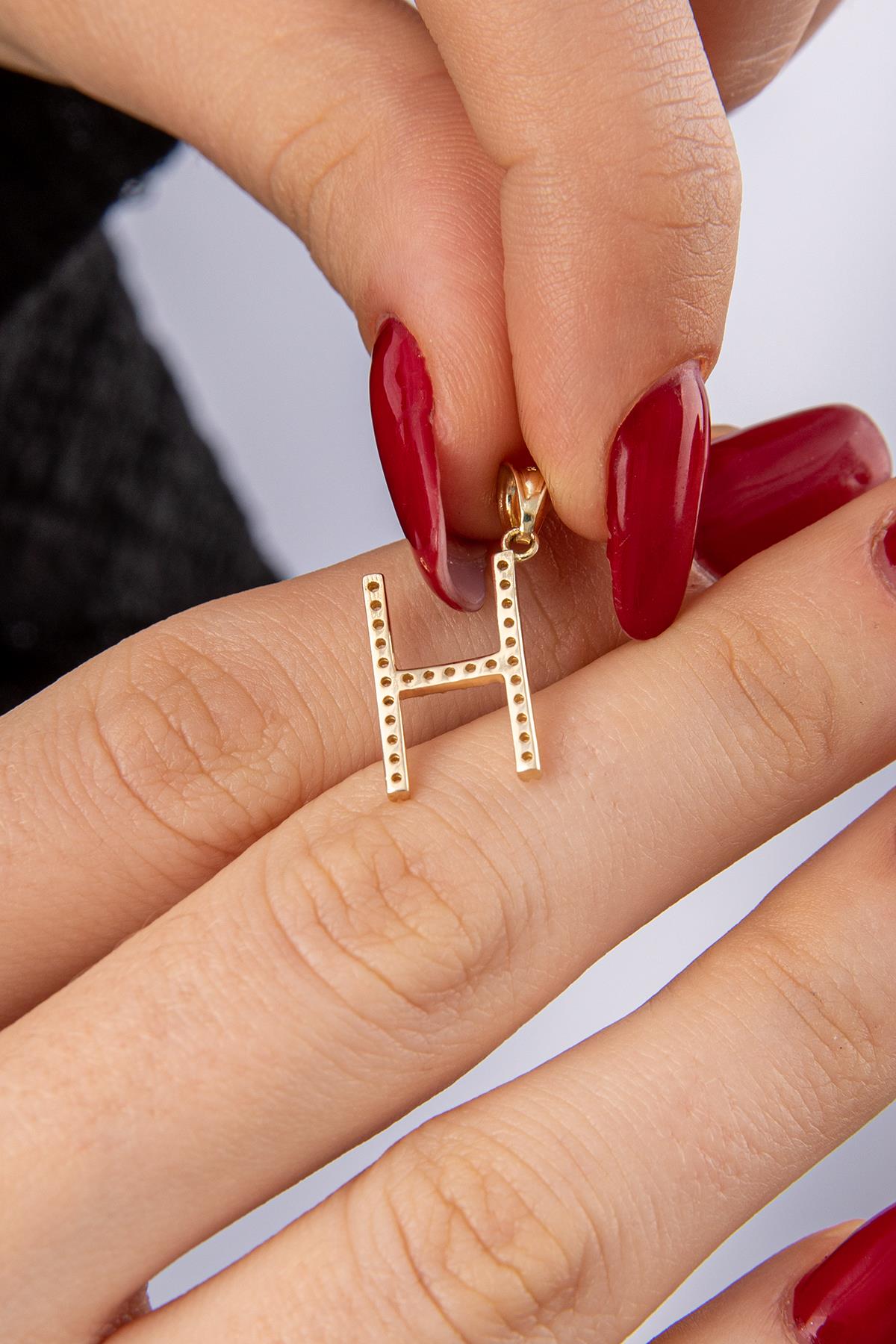 14K Gold Stone H Letter Charm