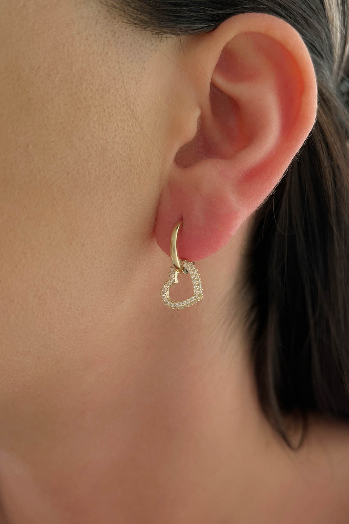 14K Gold Stone Heart Huggie Hoop Earrings