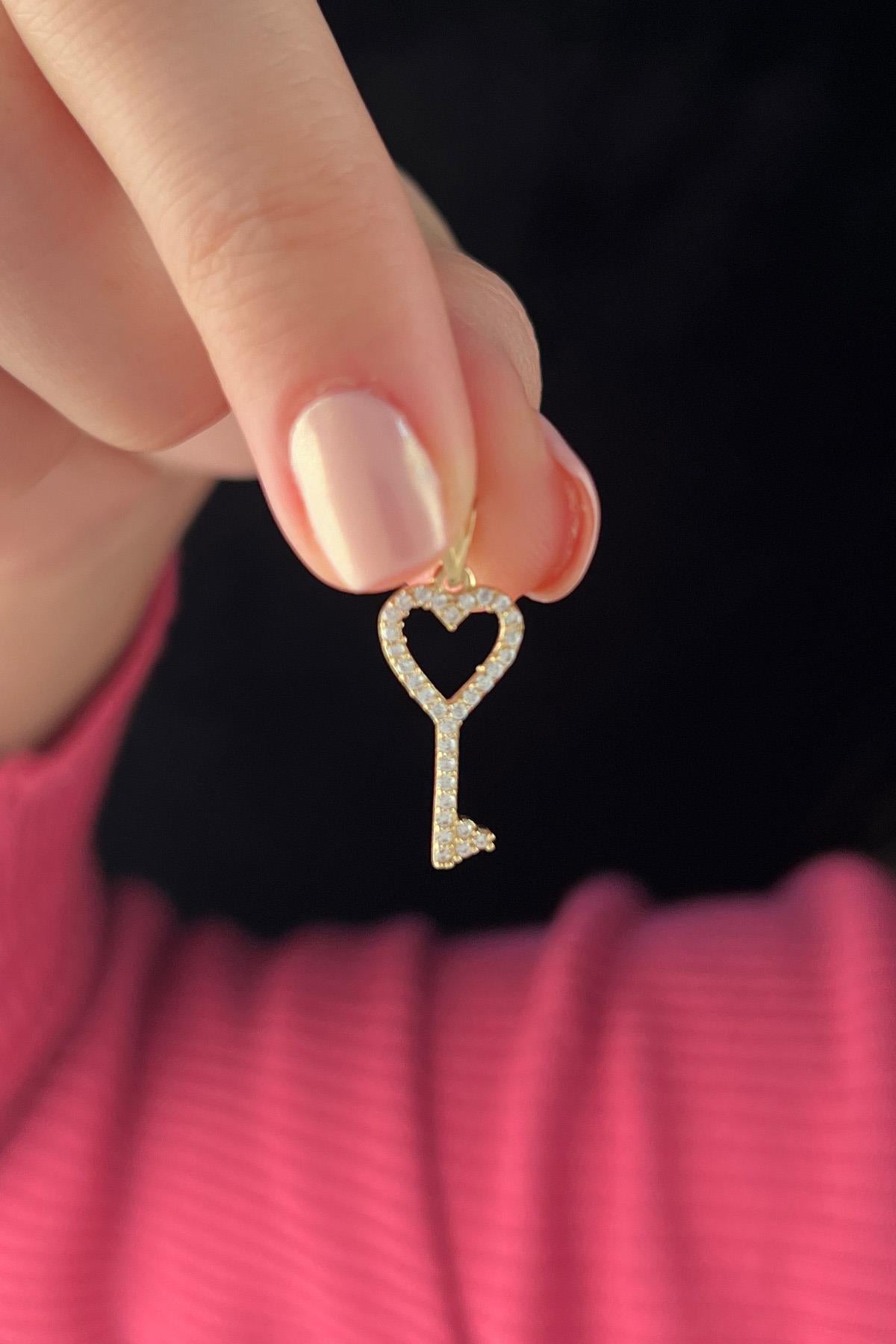 14K Gold Stone Key Heart Charm