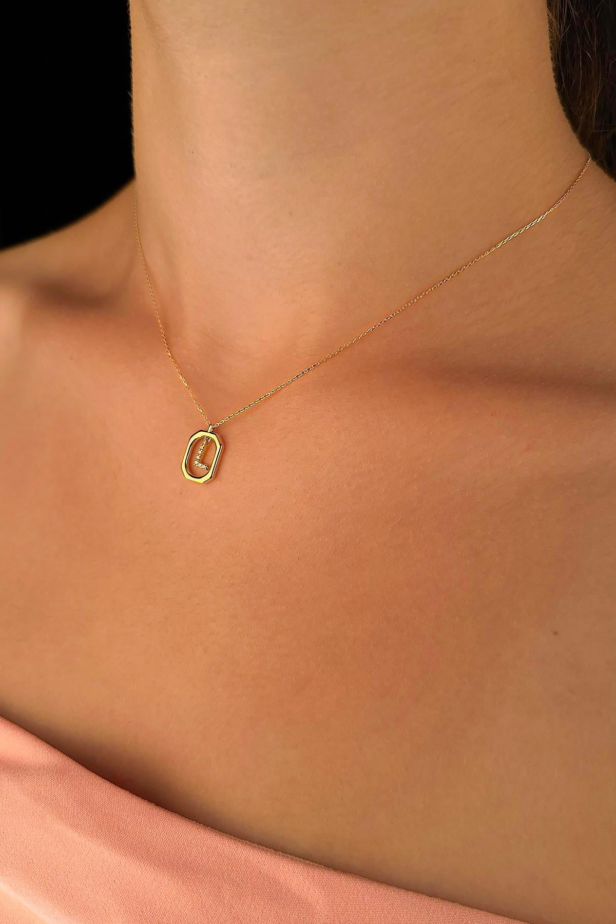 14K Gold Stone L Initial Necklace