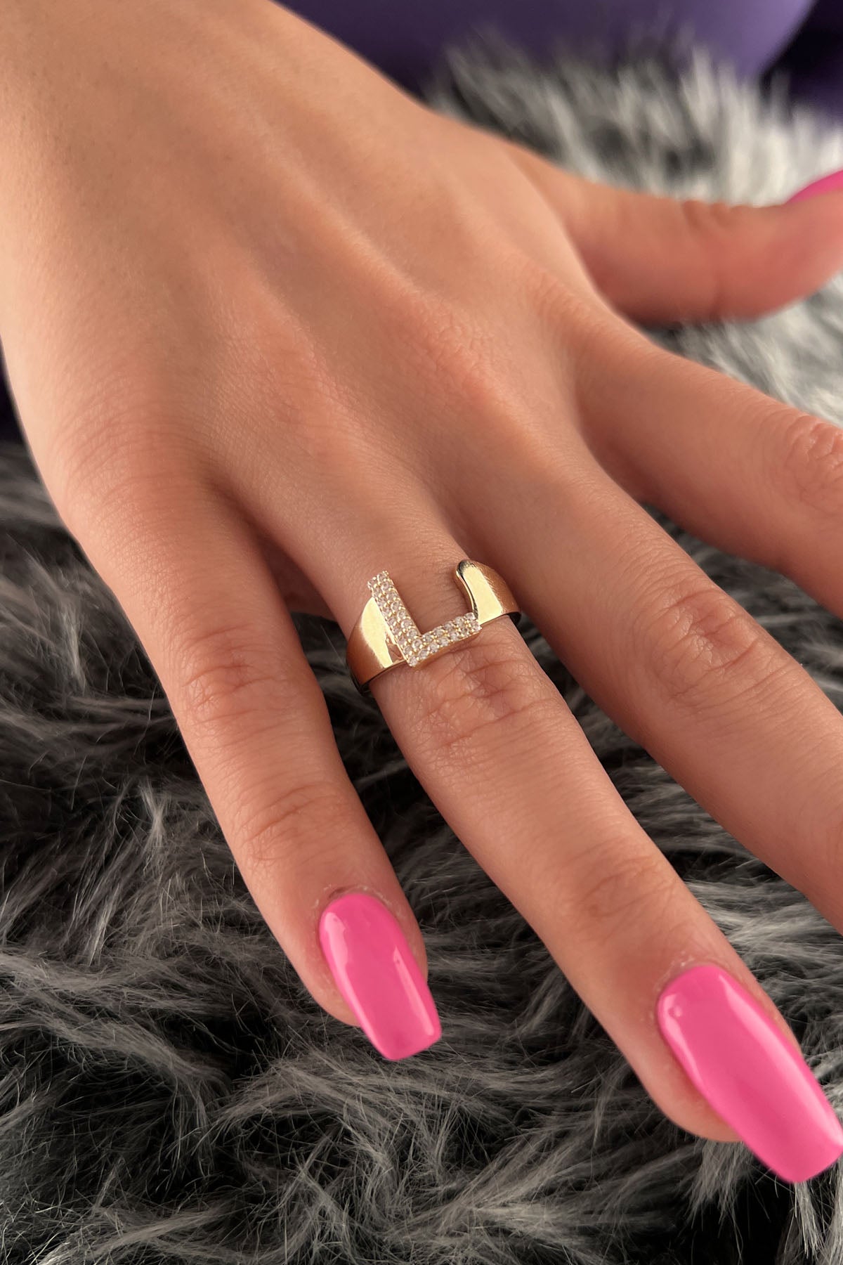 14K Gold Stone L Initial Ring