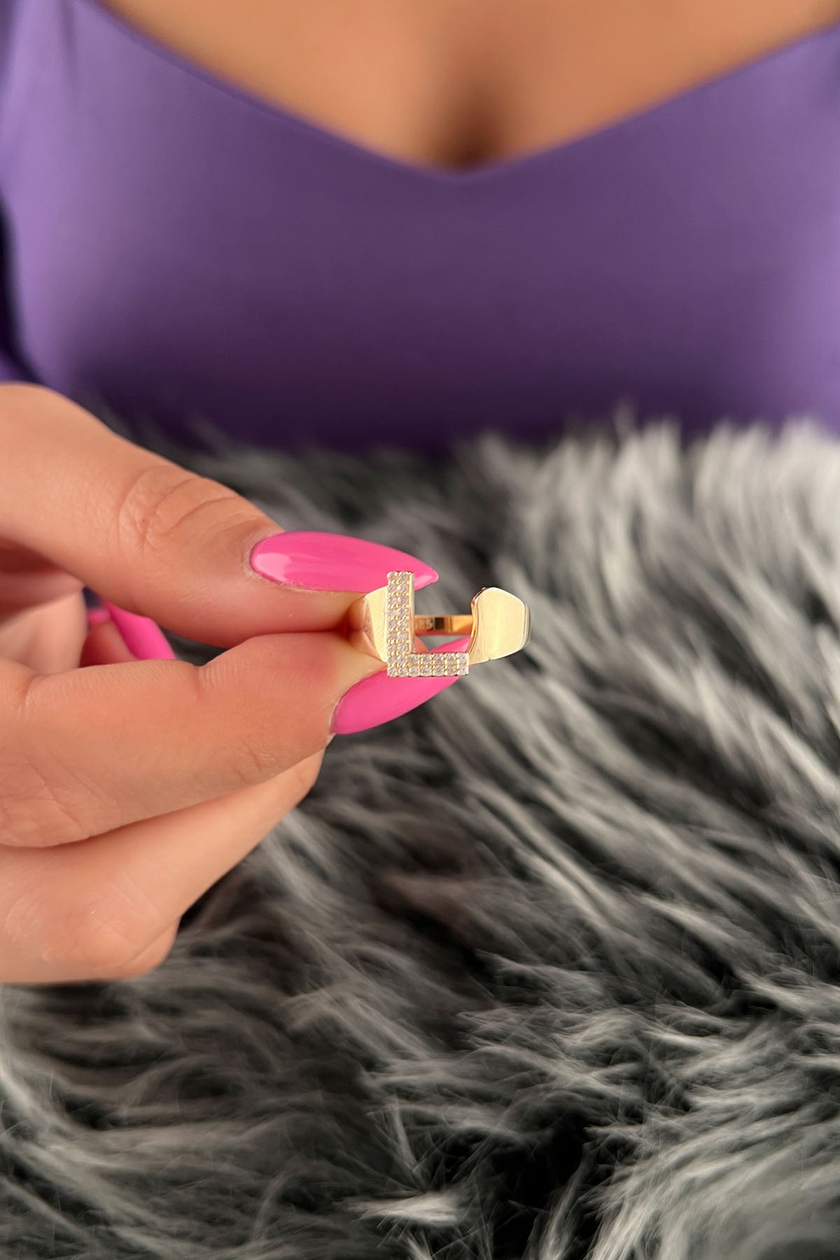 14K Gold Stone L Initial Ring