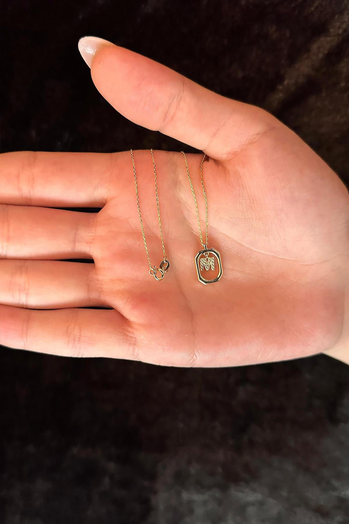 14K Gold Stone M Initial Necklace