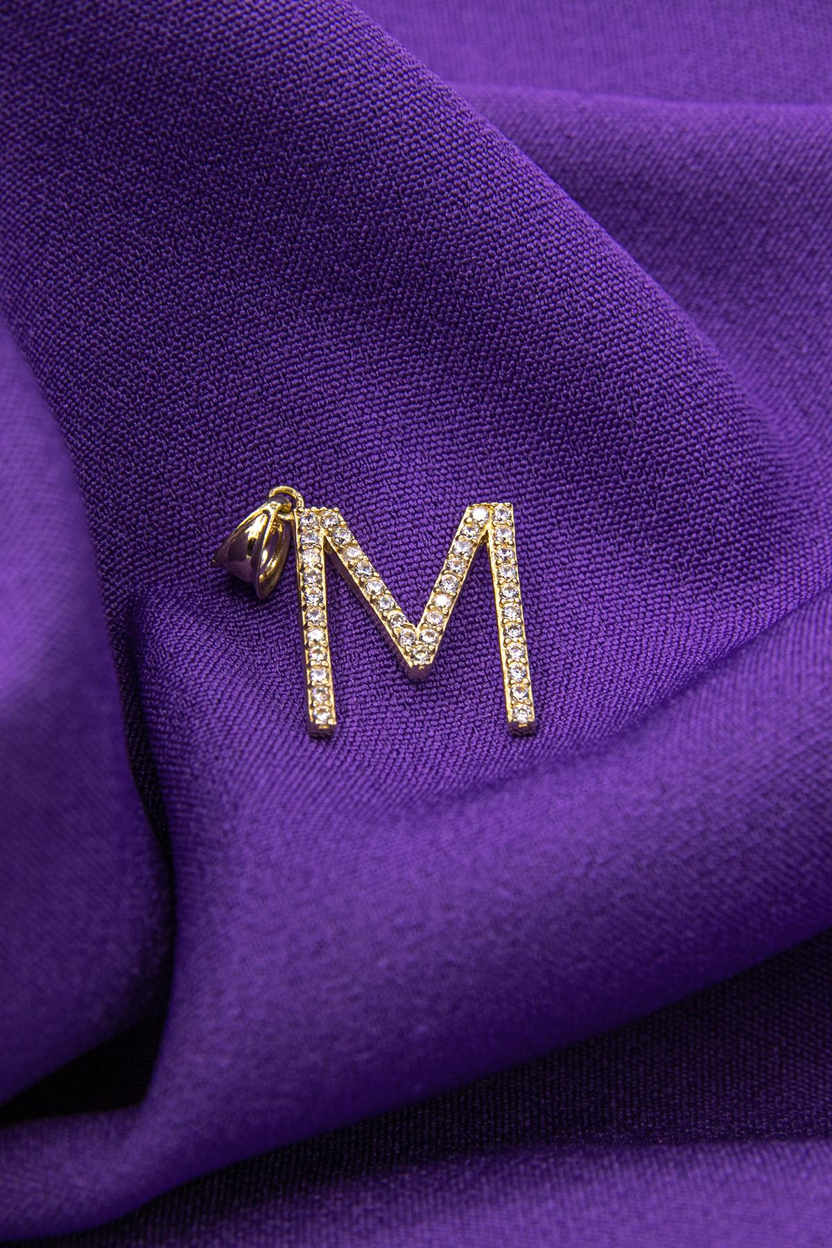 14K Gold Stone M Letter Charm