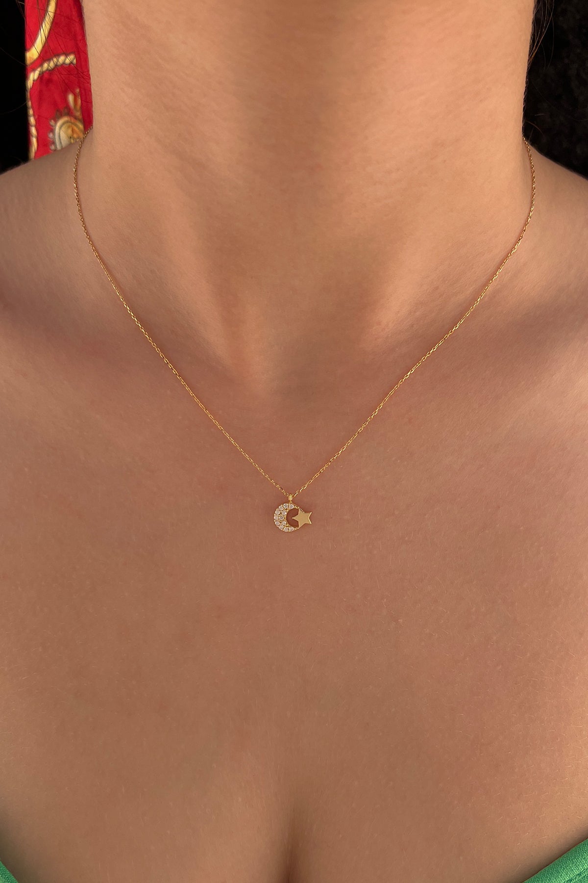 14K Gold Stone Moon Star Necklace