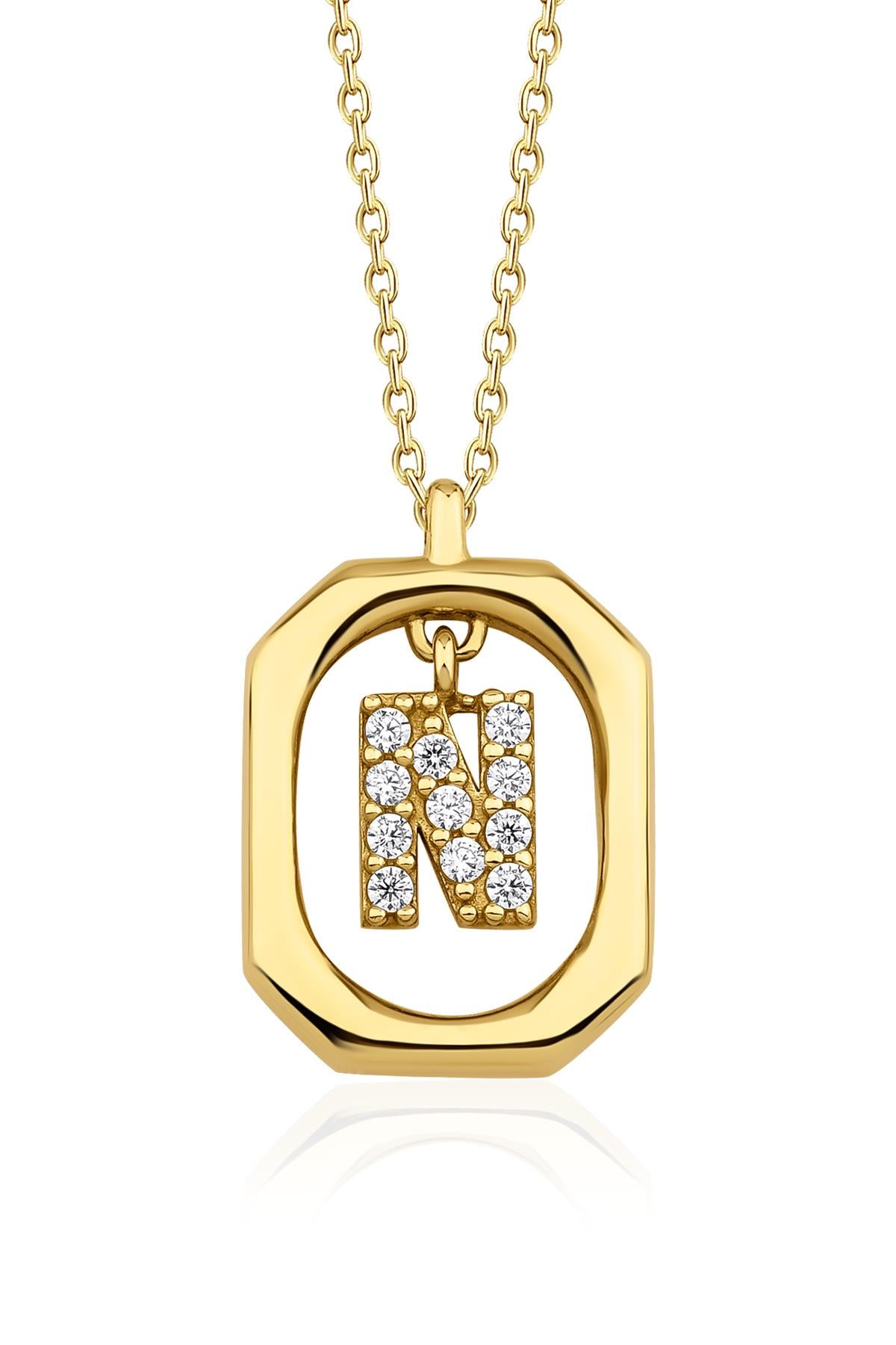 14K Gold Stone N Initial Necklace