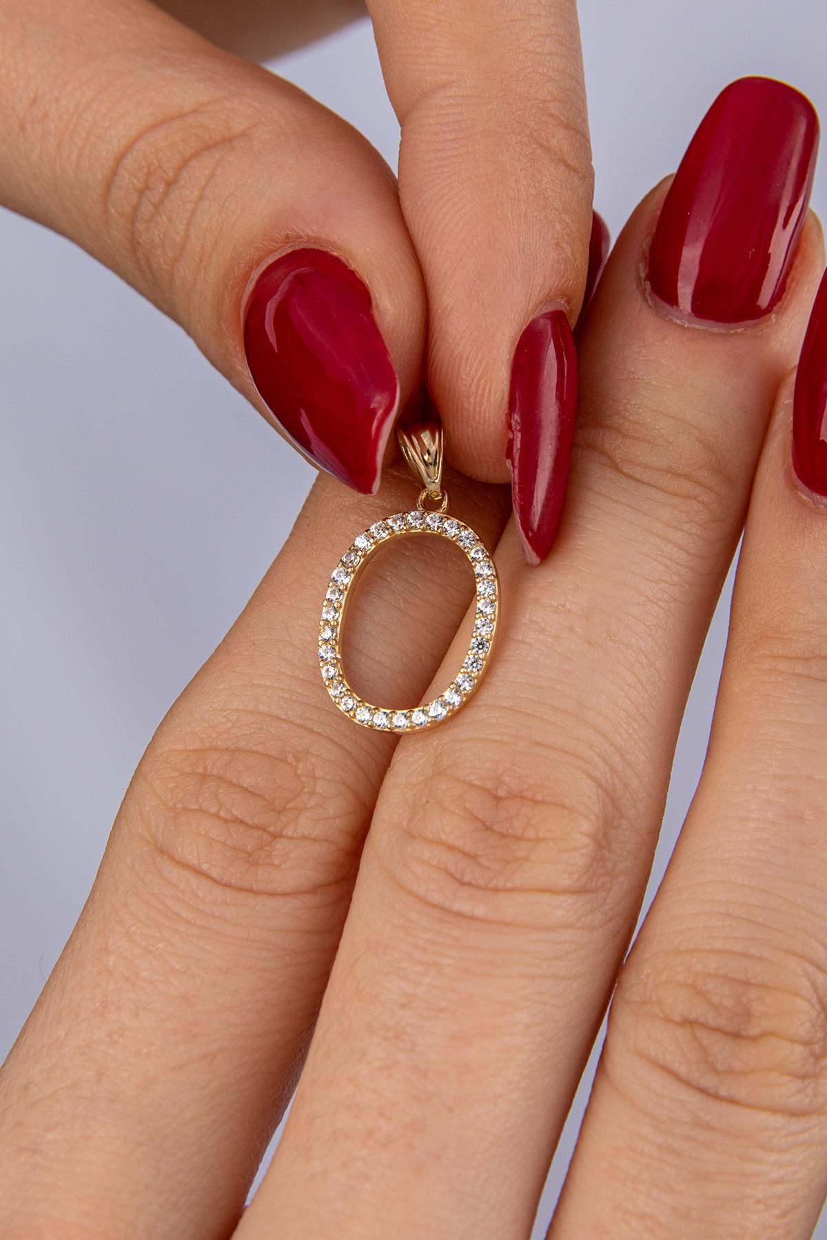 14K Gold Stone O Letter Charm