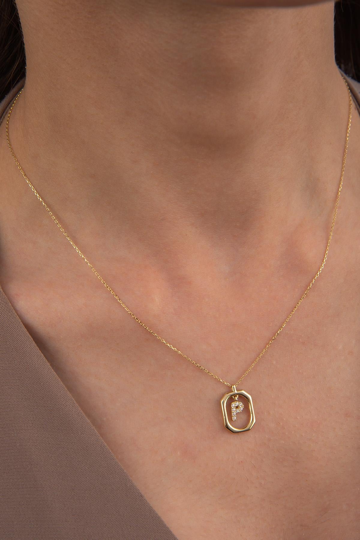 14K Gold Stone P Letter Necklace