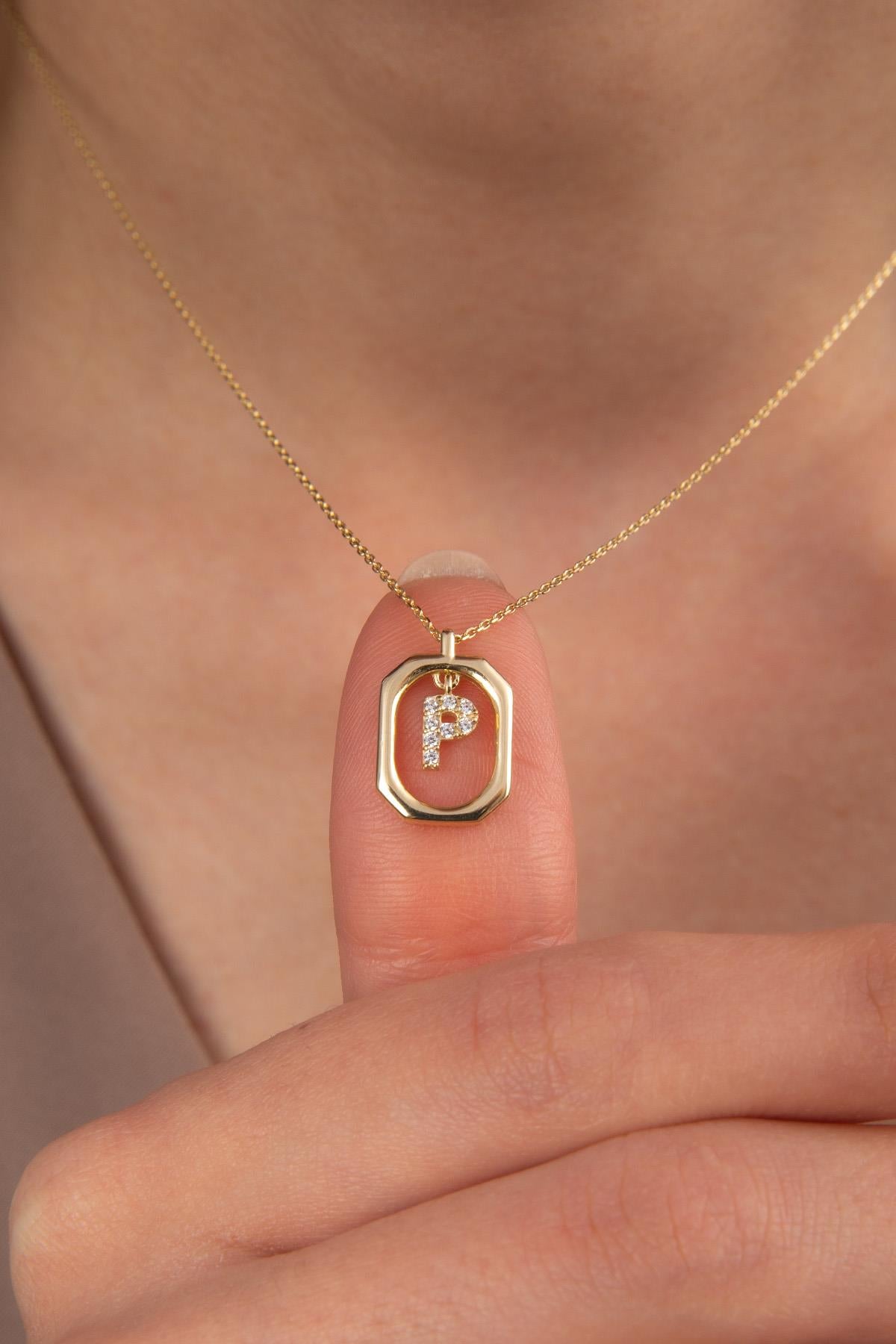 14K Gold Stone P Letter Necklace