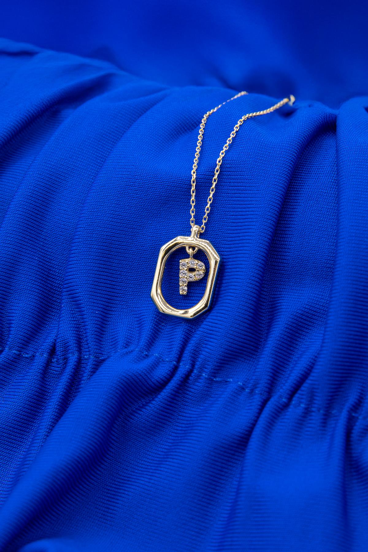 14K Gold Stone P Letter Necklace