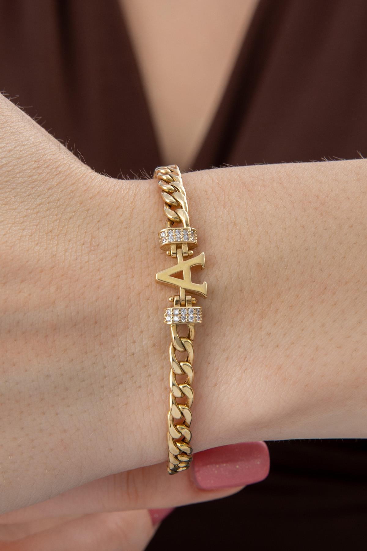 14K Gold Stone Personalized A Initial Letter Bracelet