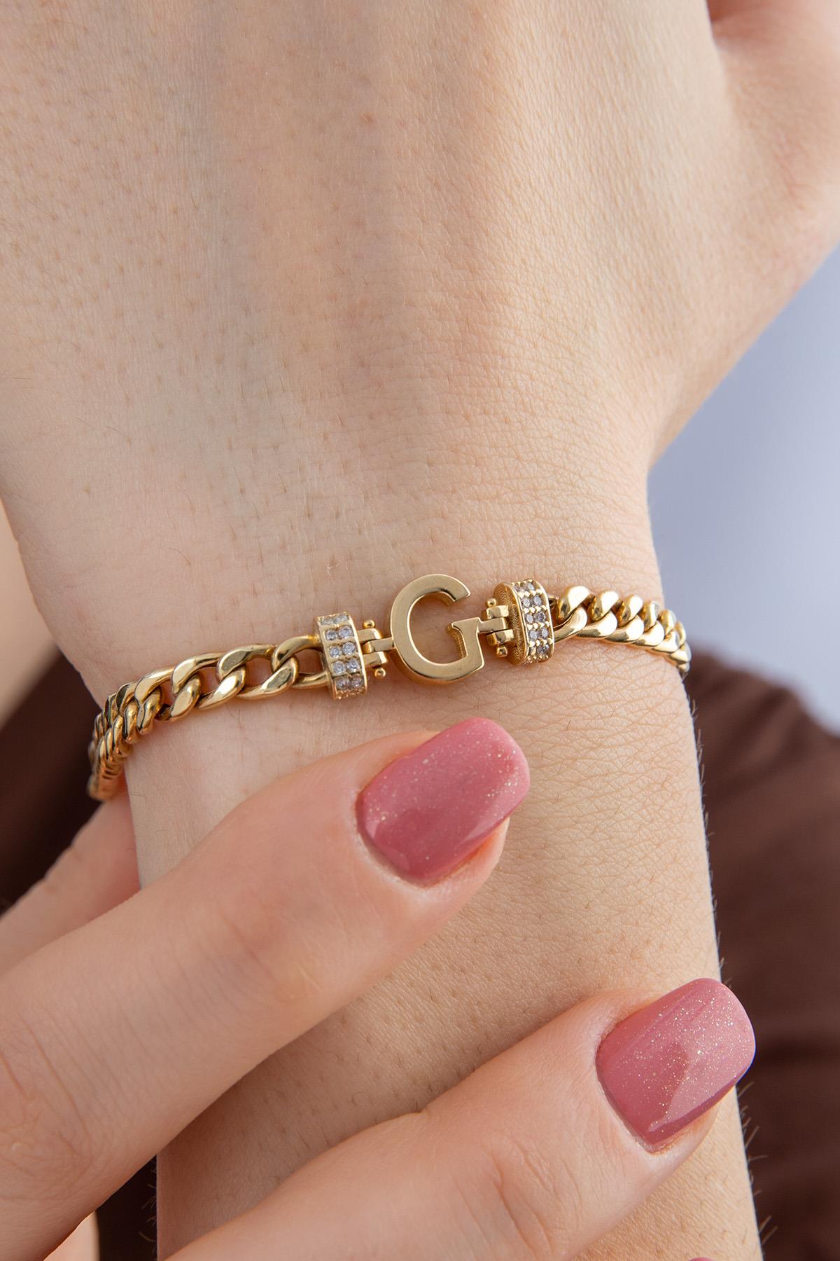 14K Gold Stone Personalized G Initial Letter Bracelet