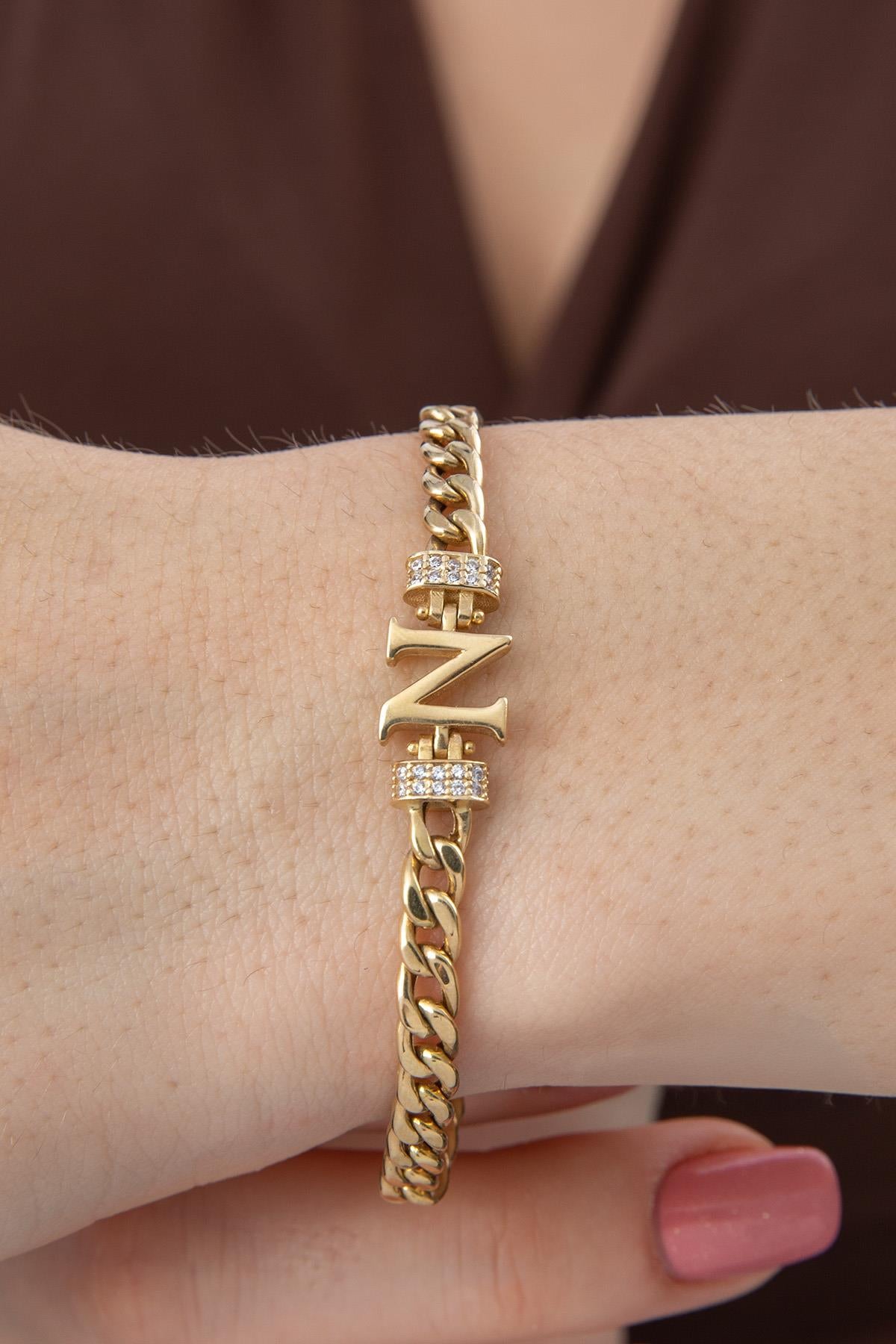 14K Gold Stone Personalized N Initial Letter Bracelet