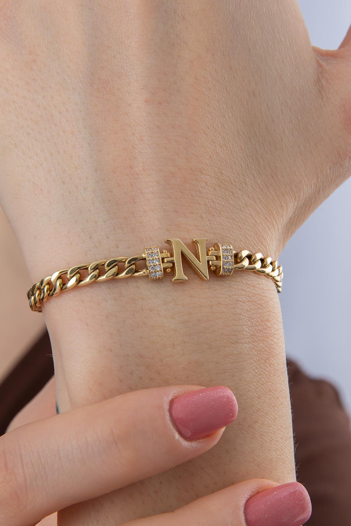 14K Gold Stone Personalized N Initial Letter Bracelet