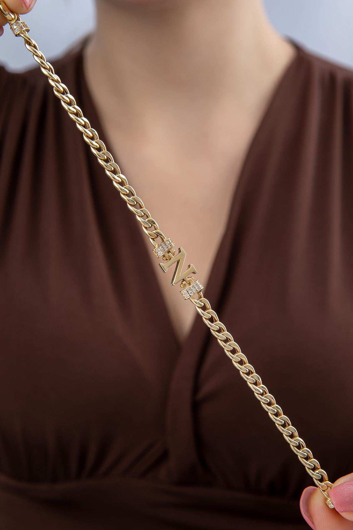 14K Gold Stone Personalized N Initial Letter Bracelet