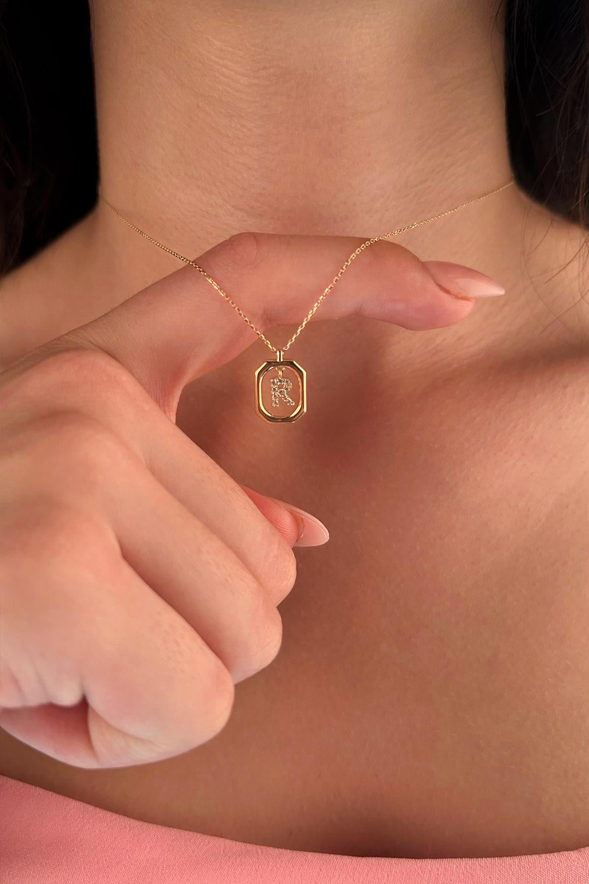 14K Gold Stone R Initial Necklace