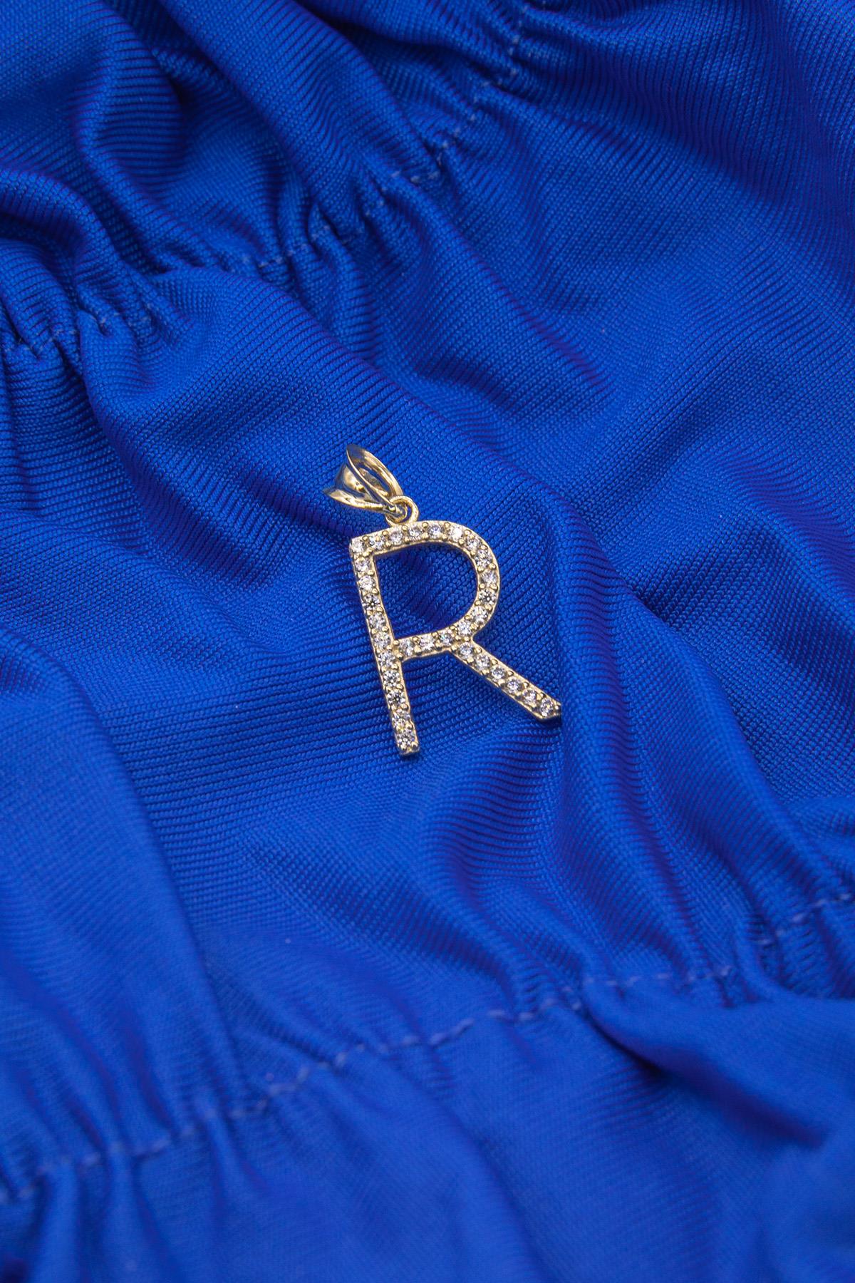 14K Gold Stone R Letter Charm