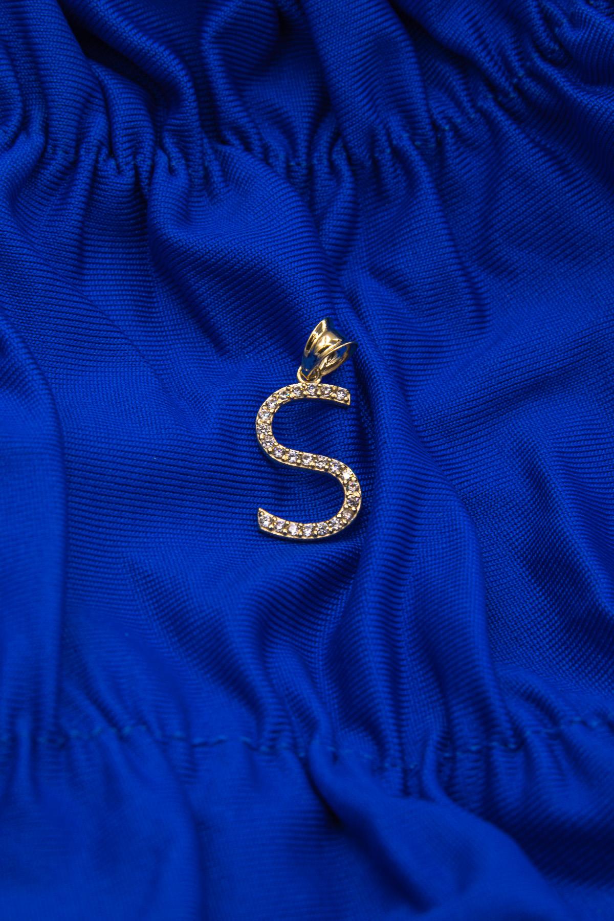 14K Gold Stone S Letter Charm