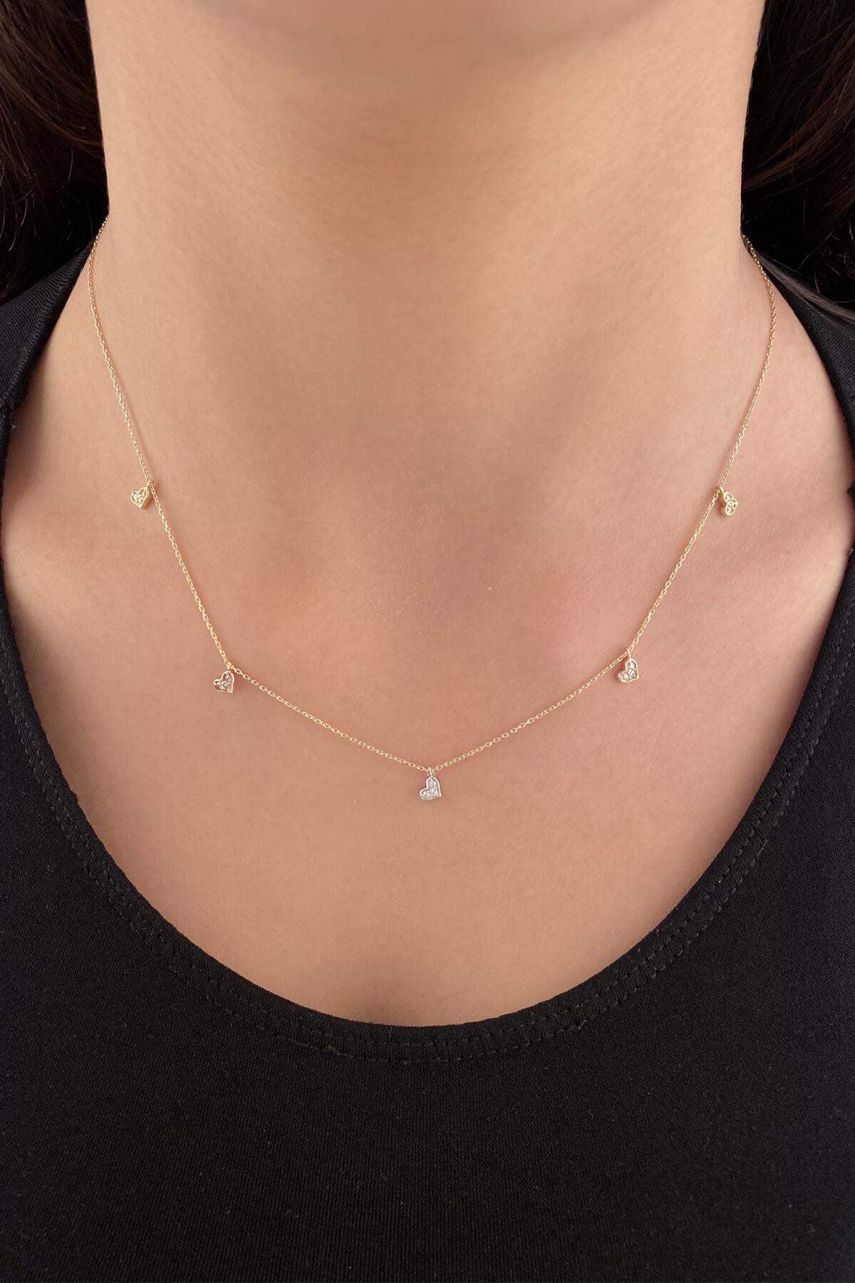 14K Gold Stone Small Hearts Necklace