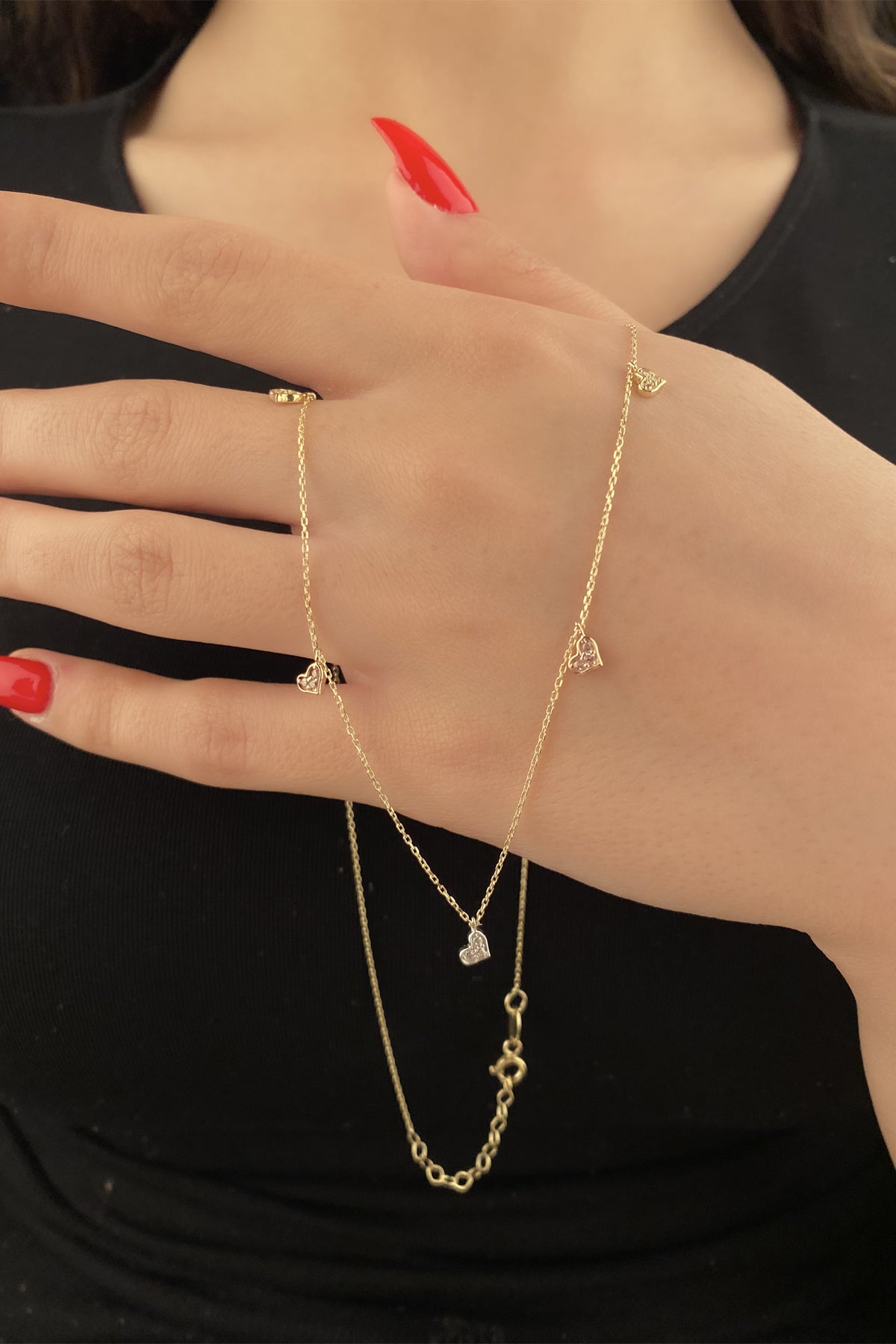 14K Gold Stone Small Hearts Necklace