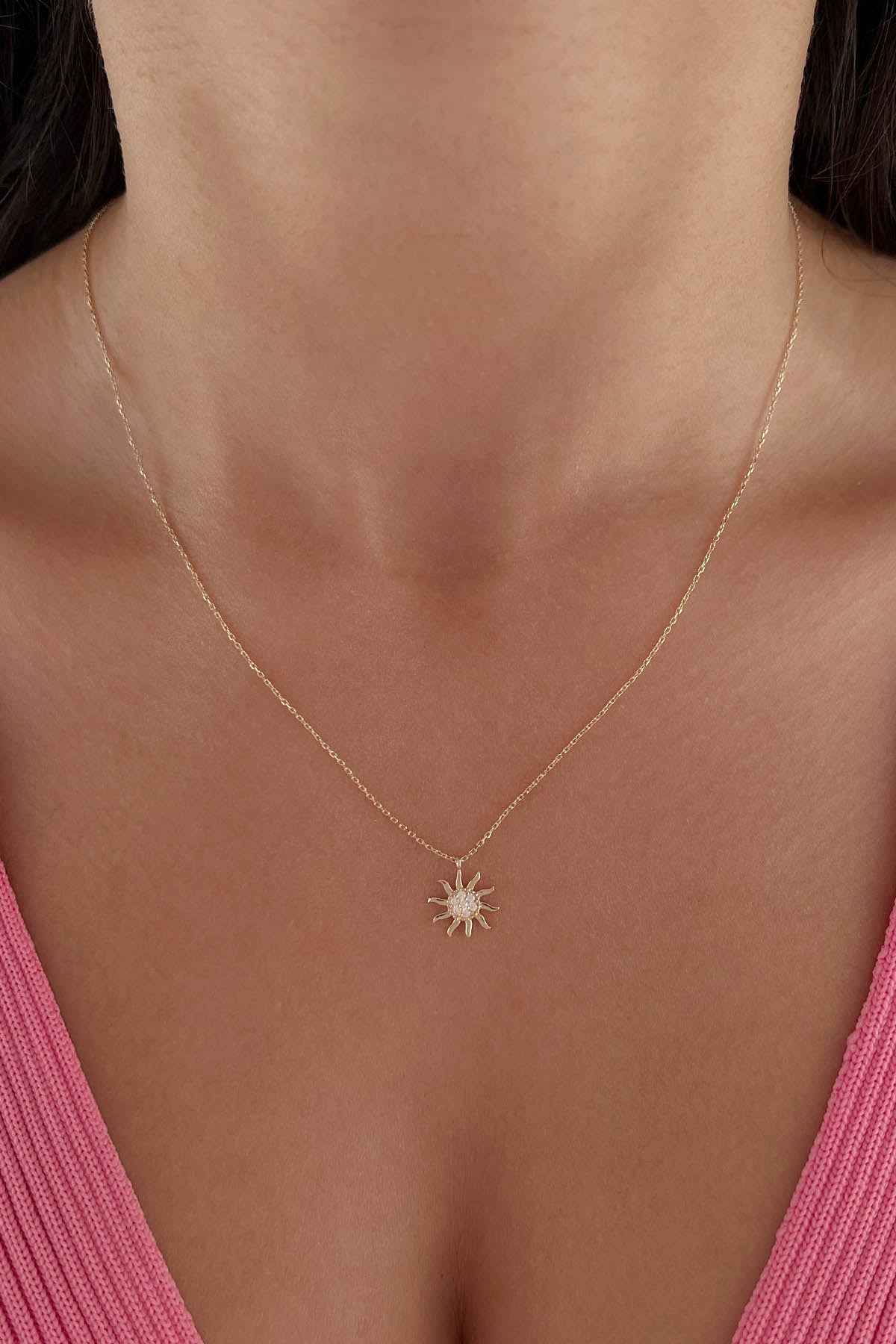 14K Gold Stone Sun Necklace