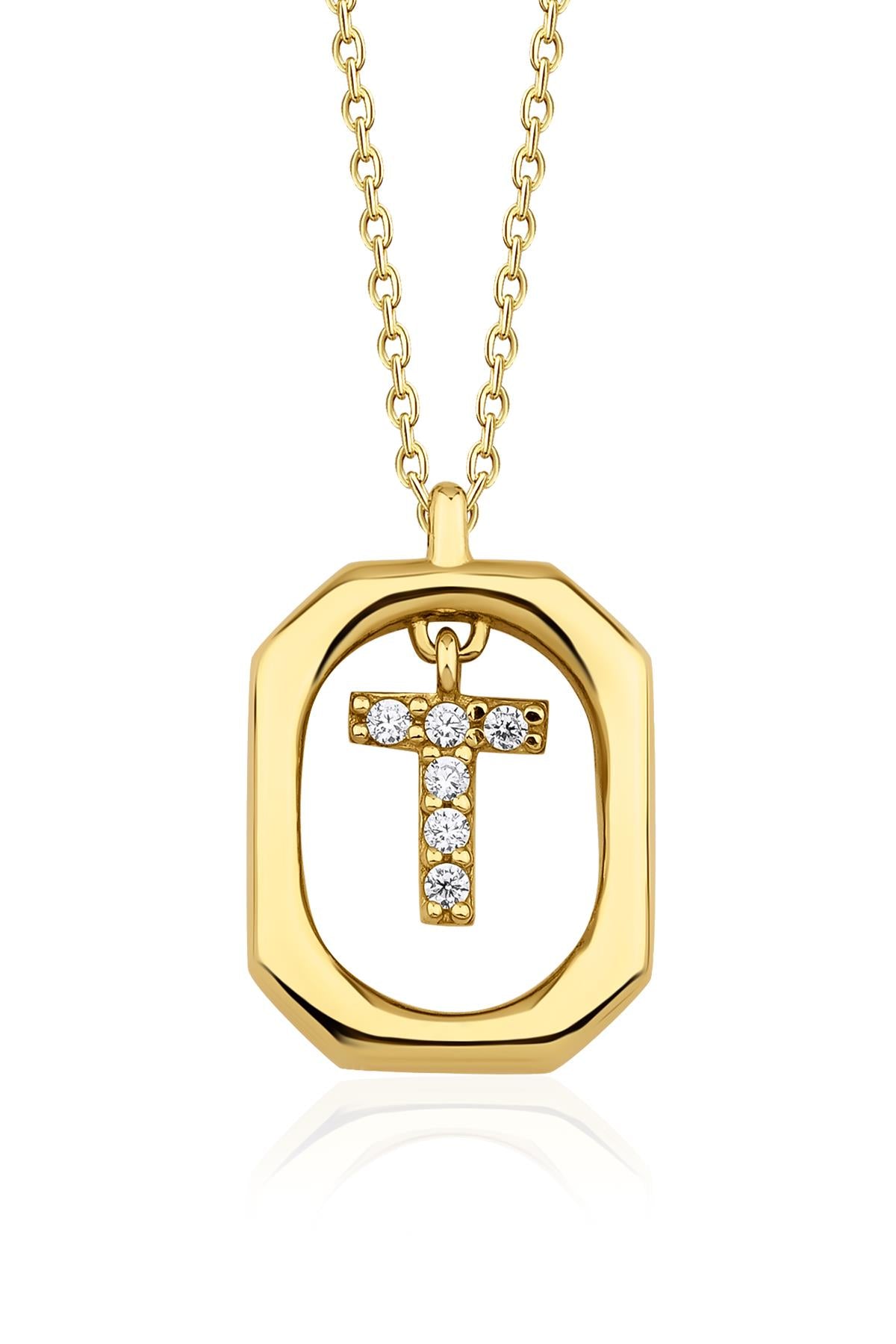 14K Gold Stone T Initial Necklace