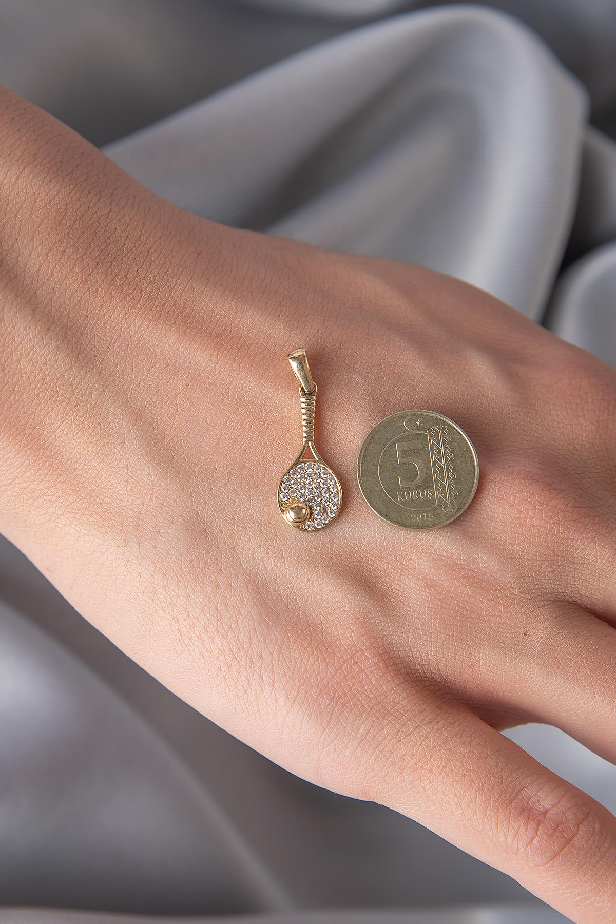 14K Solid Gold Stone Tennis Racket Pendant