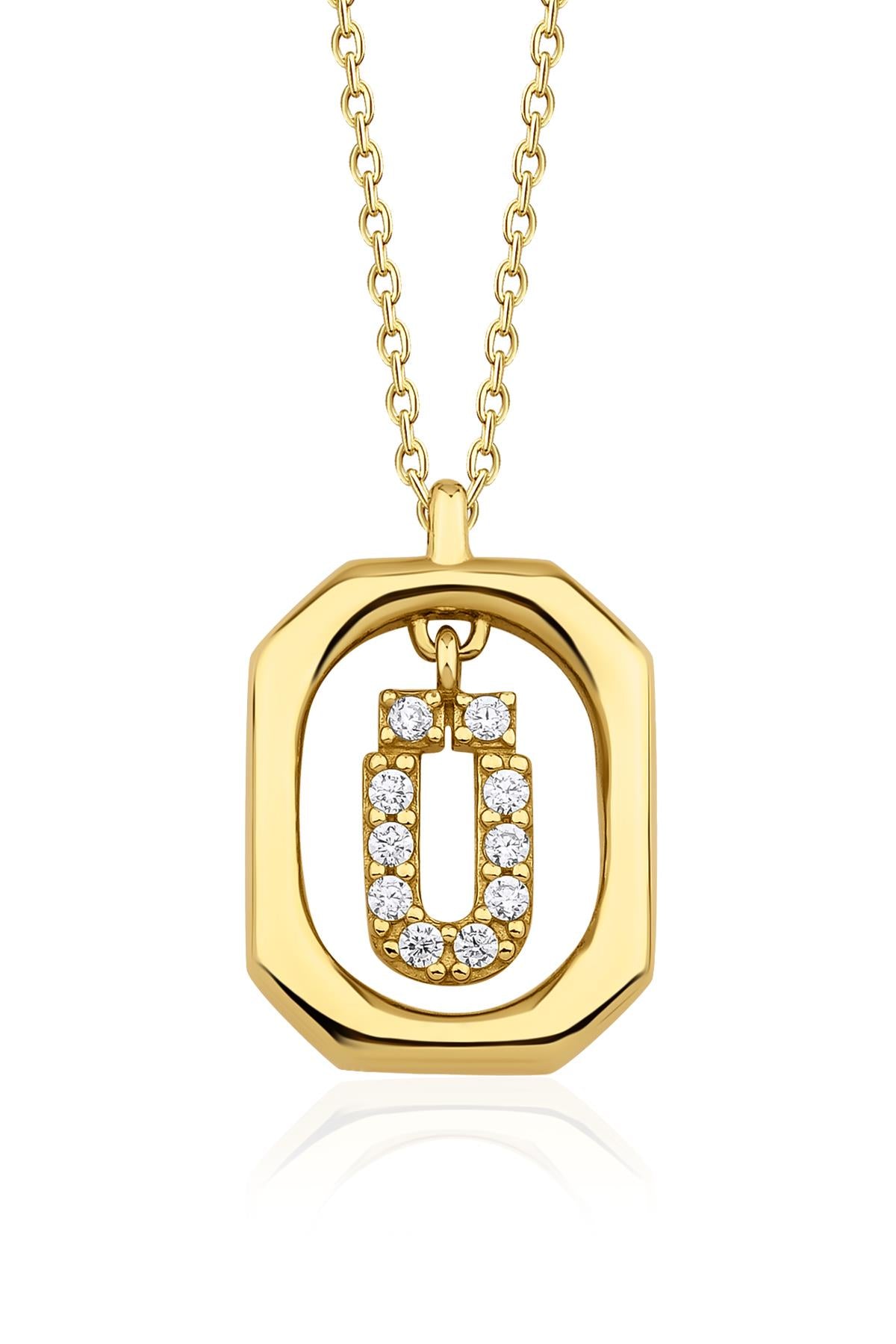 14K Gold Stone Ü Initial Necklace