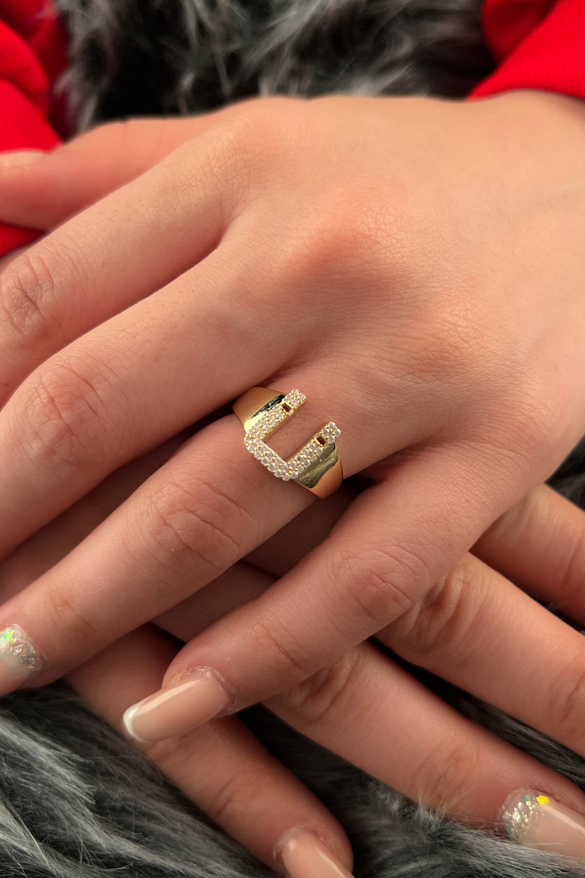 14K Gold Stone Ü Initial Ring