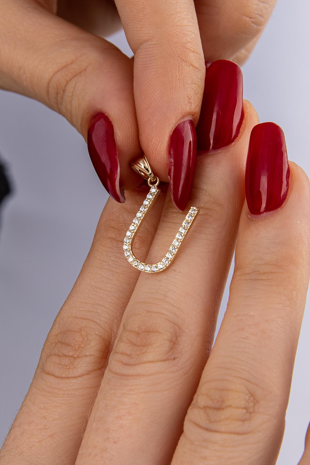 14K Gold Stone U Letter Charm