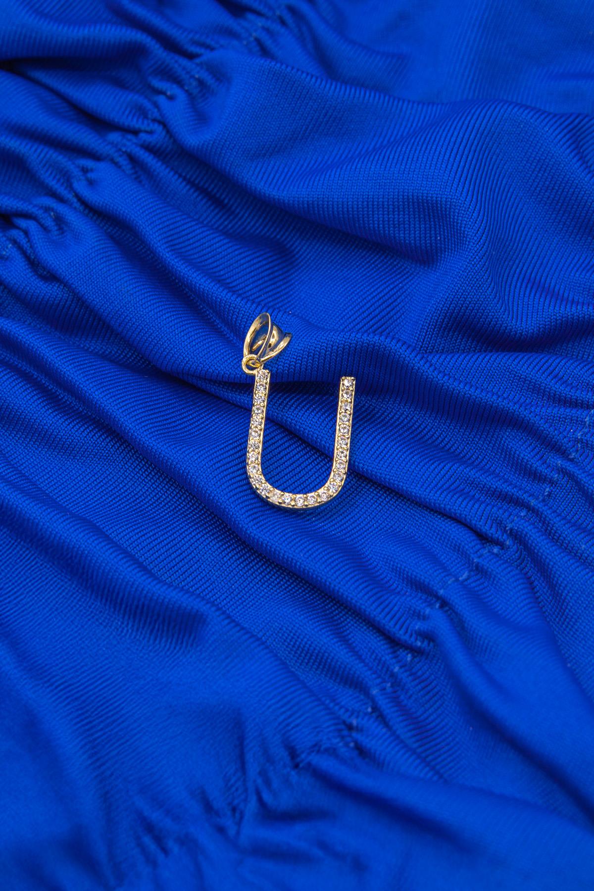 14K Gold Stone U Letter Charm