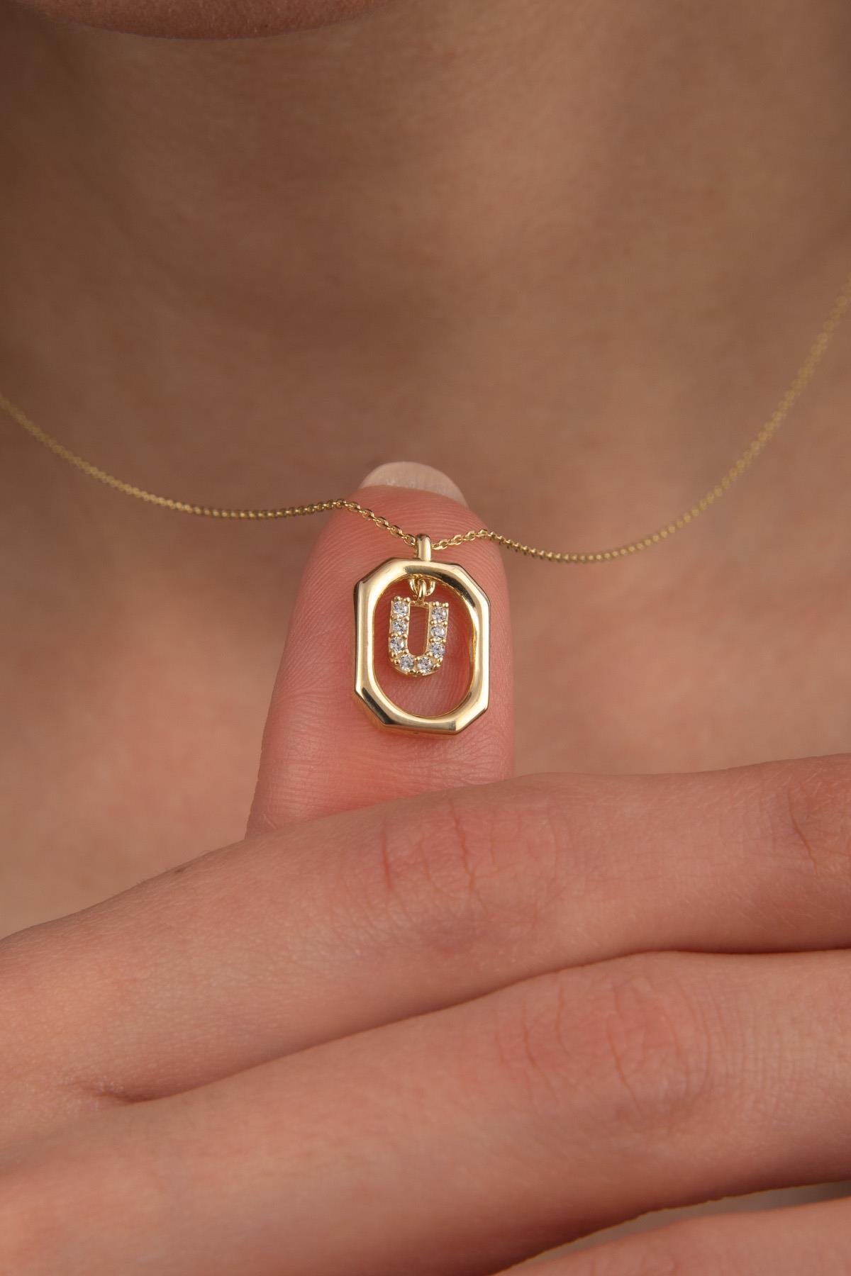 14K Solid Gold Stone U Letter Necklace