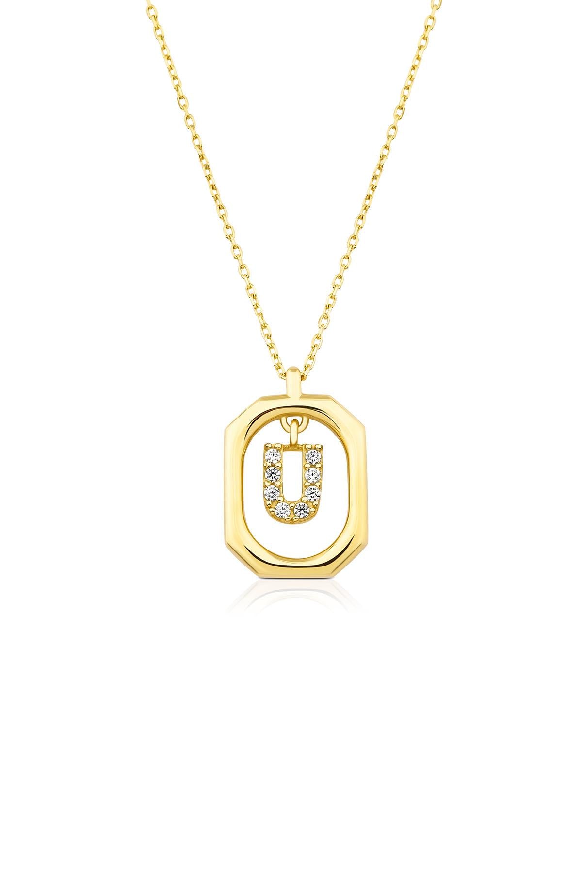 14K Solid Gold Stone U Letter Necklace