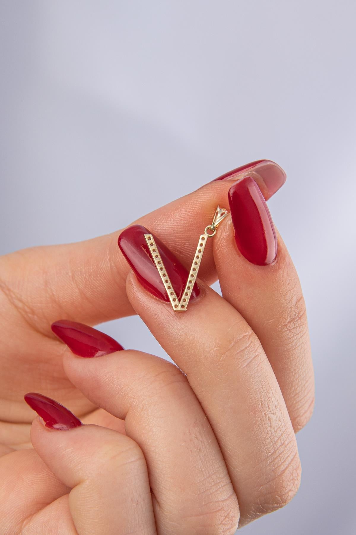 14K Gold Stone V Letter Charm