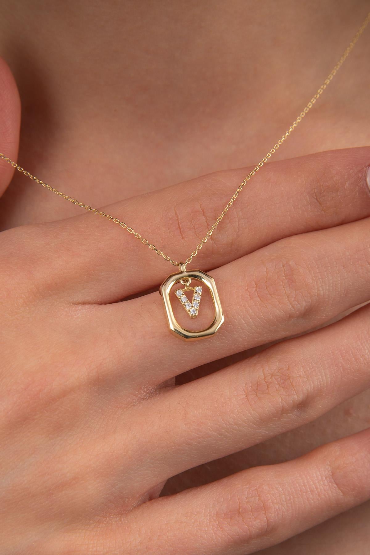 14K Gold Stone V Letter Necklace