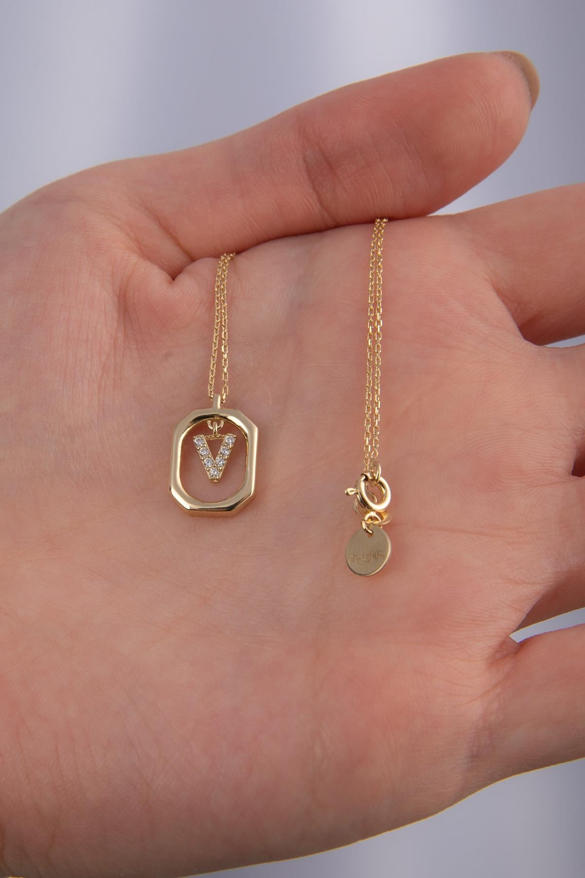 14K Gold Stone V Letter Necklace