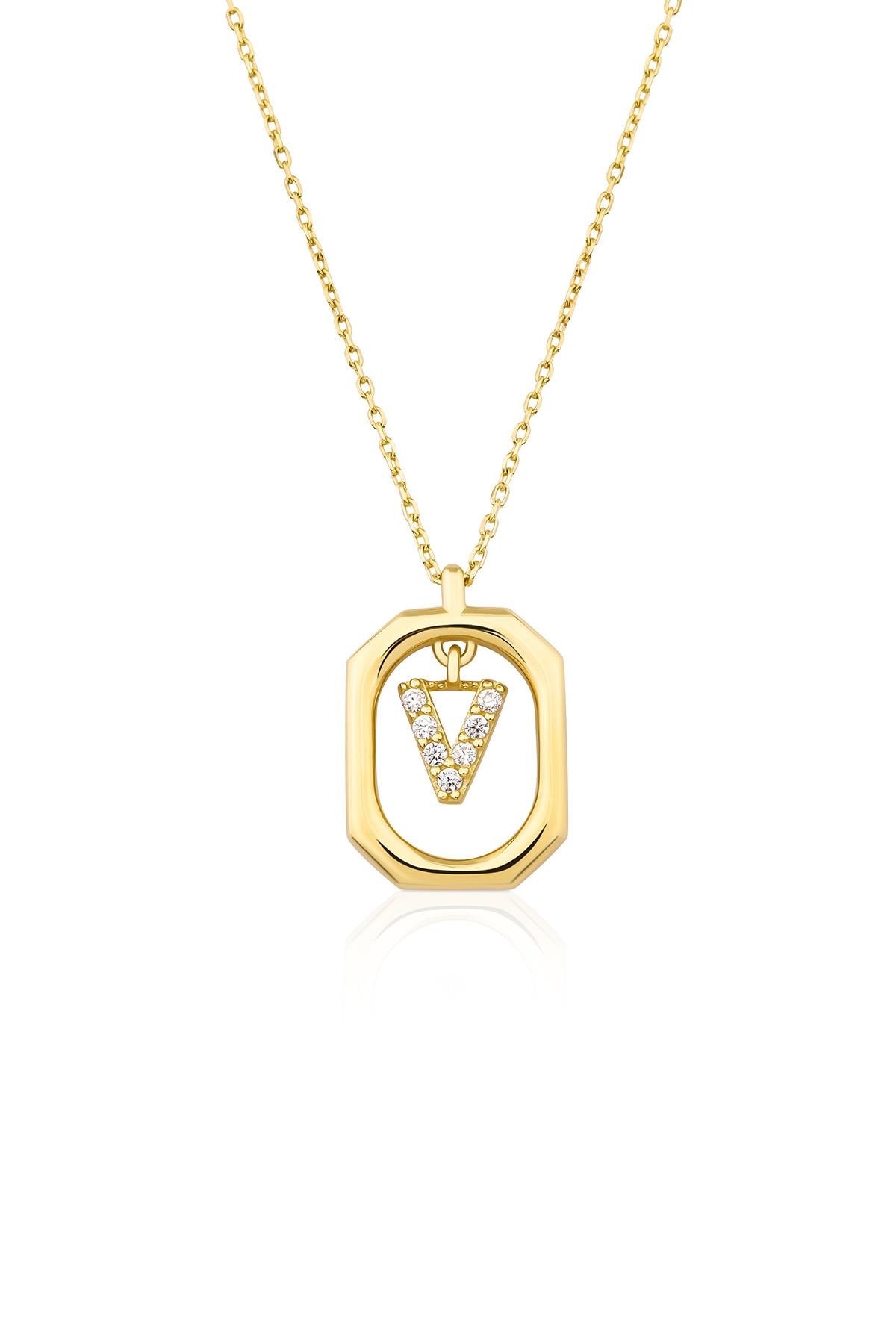 14K Gold Stone V Letter Necklace
