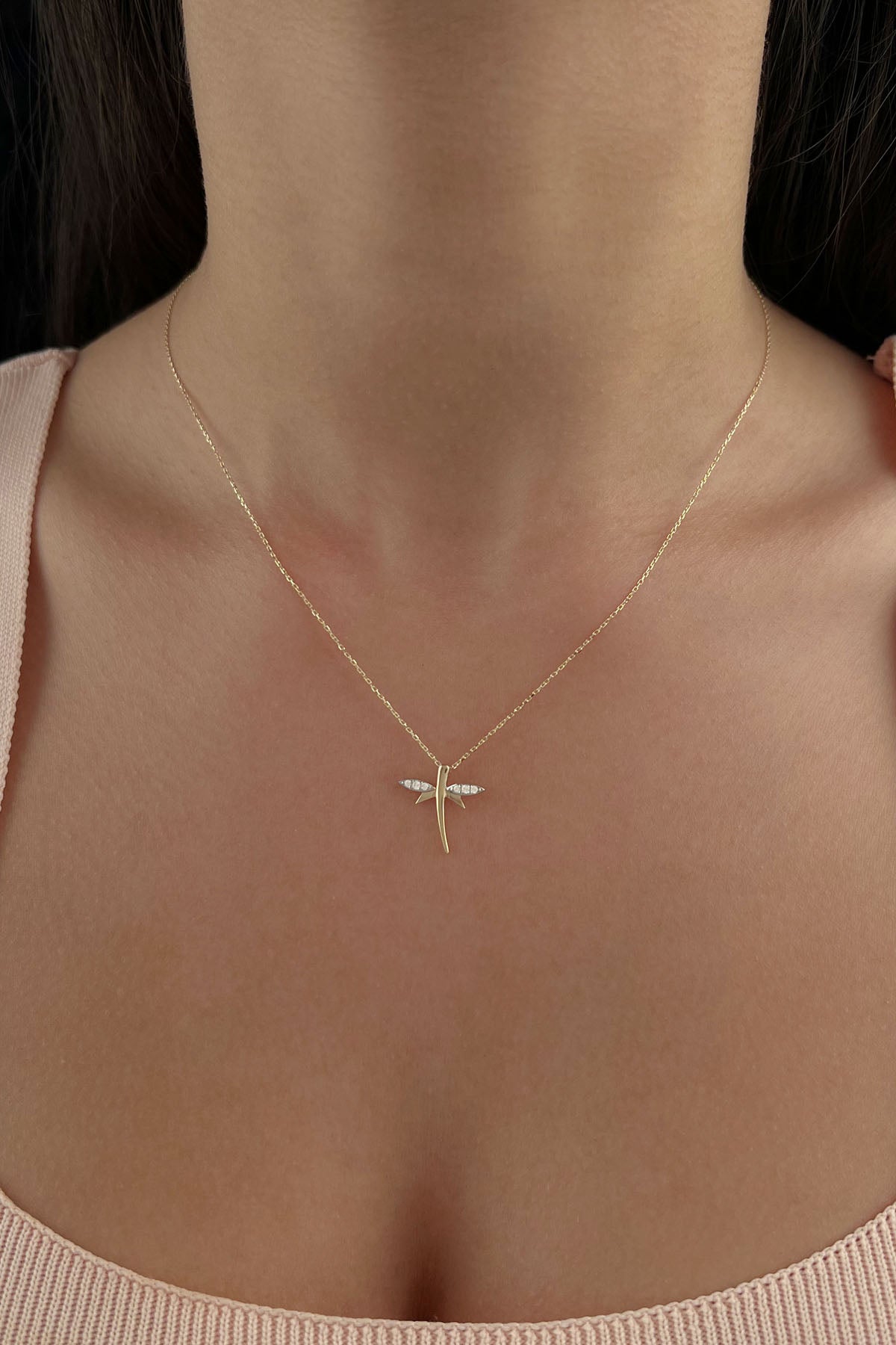 14K Gold Stone Wings Dragonfly Necklace