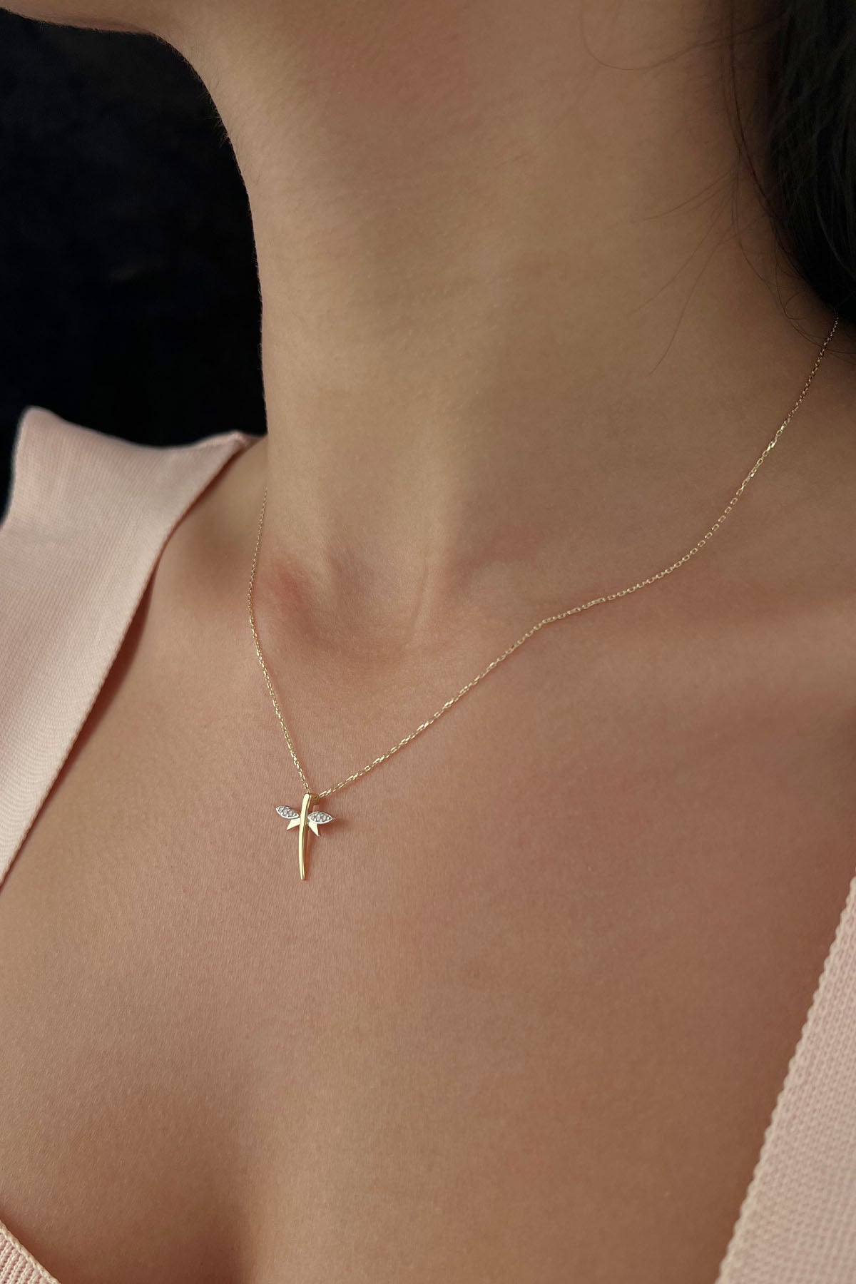 14K Gold Stone Wings Dragonfly Necklace