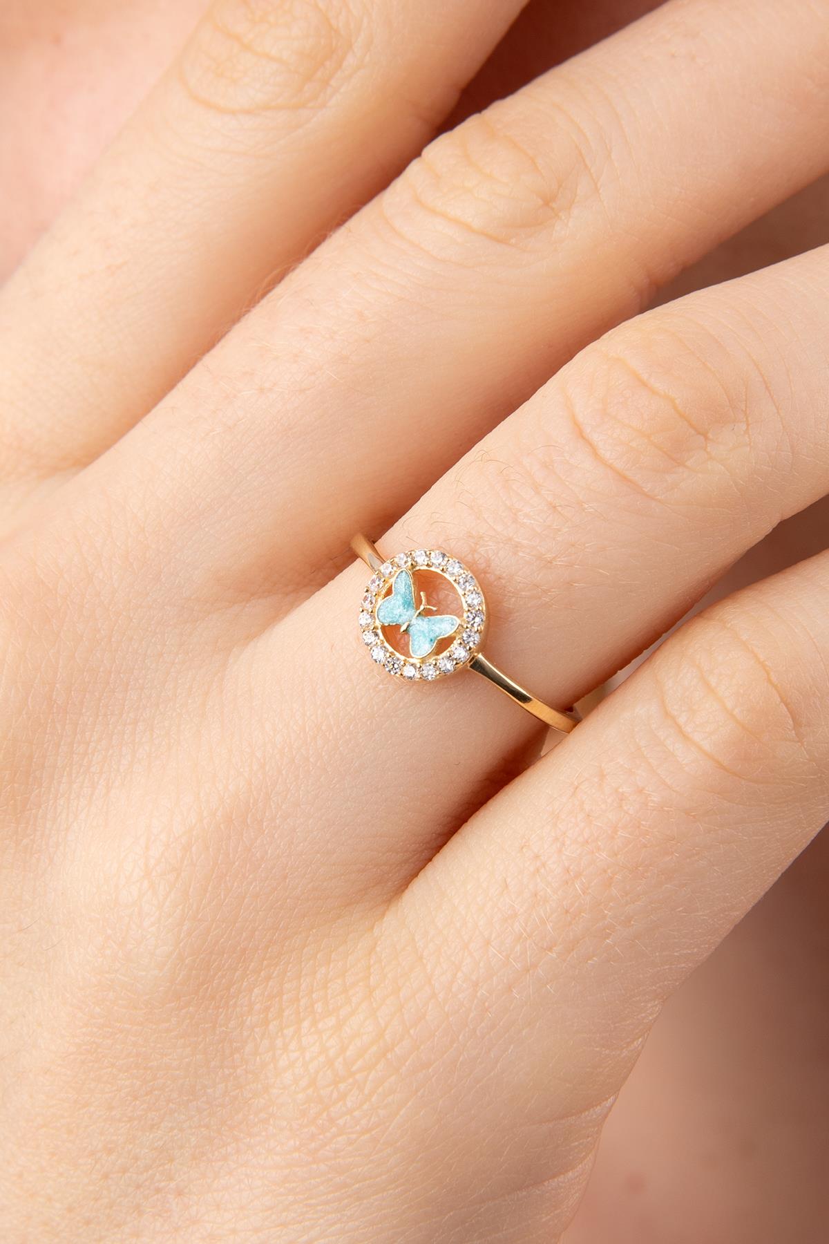 14K Gold Stoned Blue Enamel Butterfly Ring With Stone