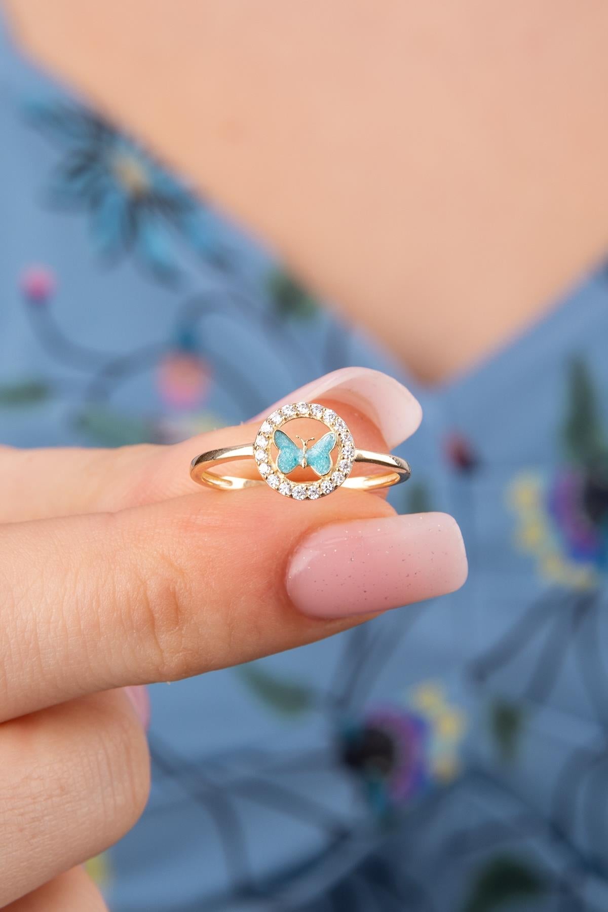 14K Gold Stoned Blue Enamel Butterfly Ring With Stone