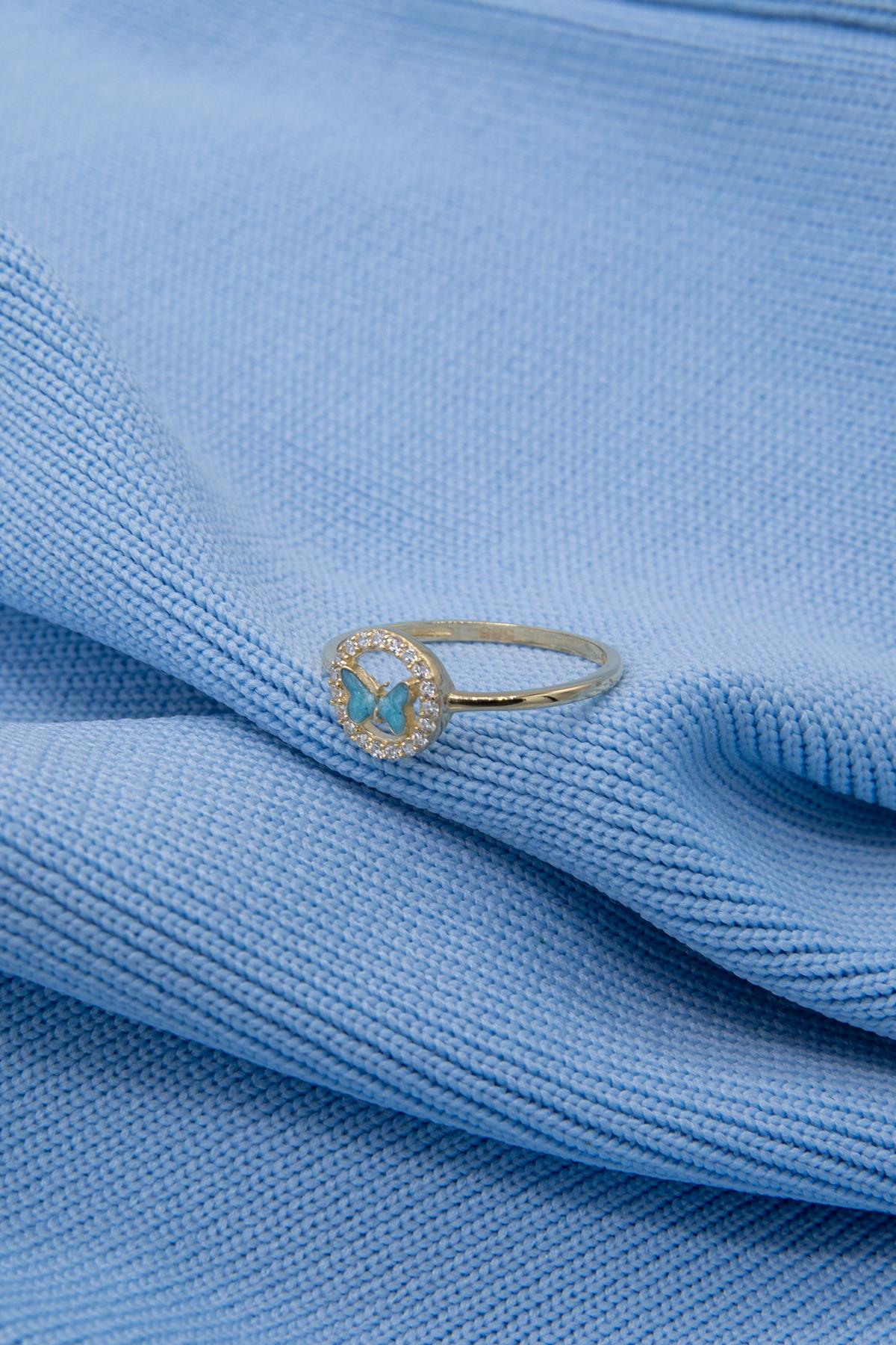 14K Gold Stoned Blue Enamel Butterfly Ring With Stone